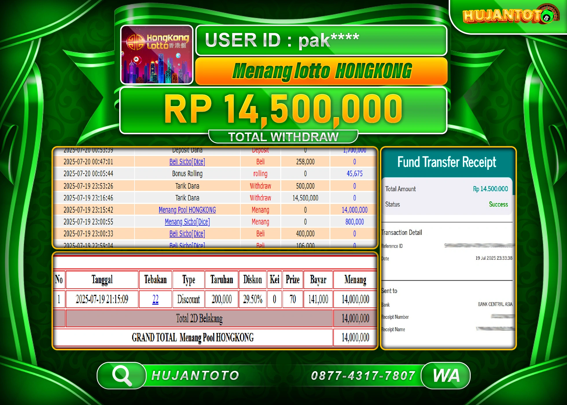 HUJANTOTO - BUKTI JACKPOT KEMENANGAN TOGEL HONGKONG LOTTO  Rp.14,500,000 - TERBAYAR LUNAS