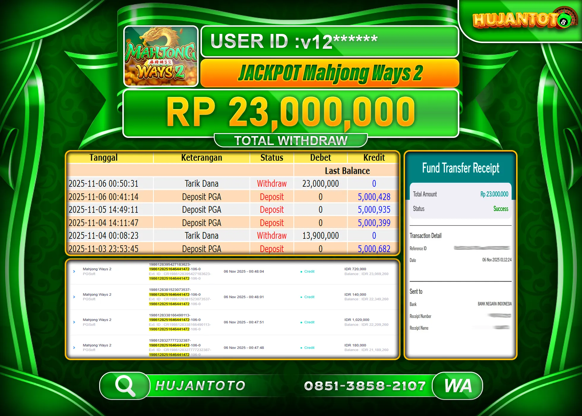 HUJANTOTO - BUKTI JACKPOT MENANG SLOT MAHJONG WAYS 2 Rp.23,000,000 - TERBAYAR LUNAS