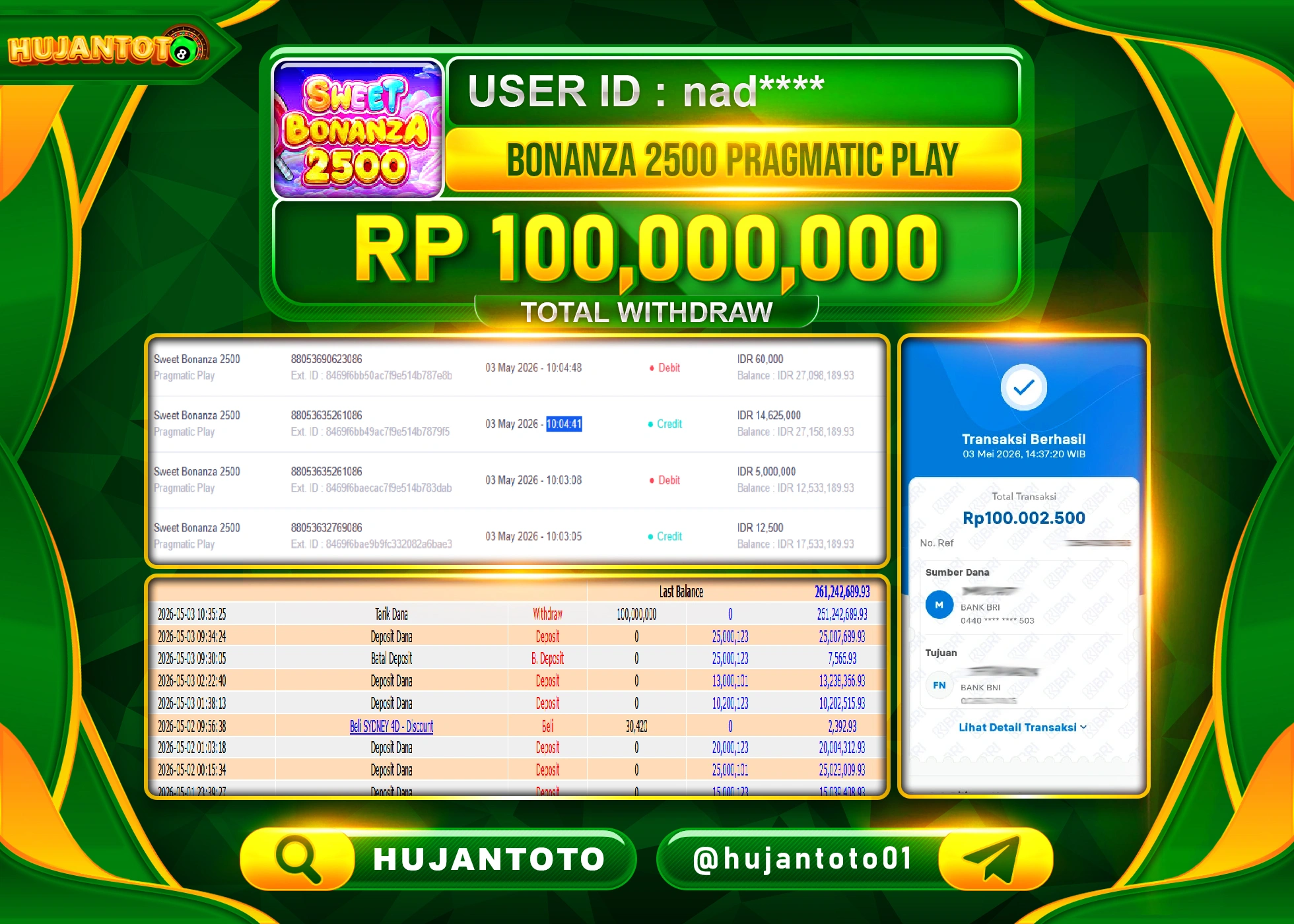 HUJANTOTO - BUKTI JACKPOT MENANG SLOT SWEET BONANZA 2500 Rp.100,000,000 - TERBAYAR LUNAS