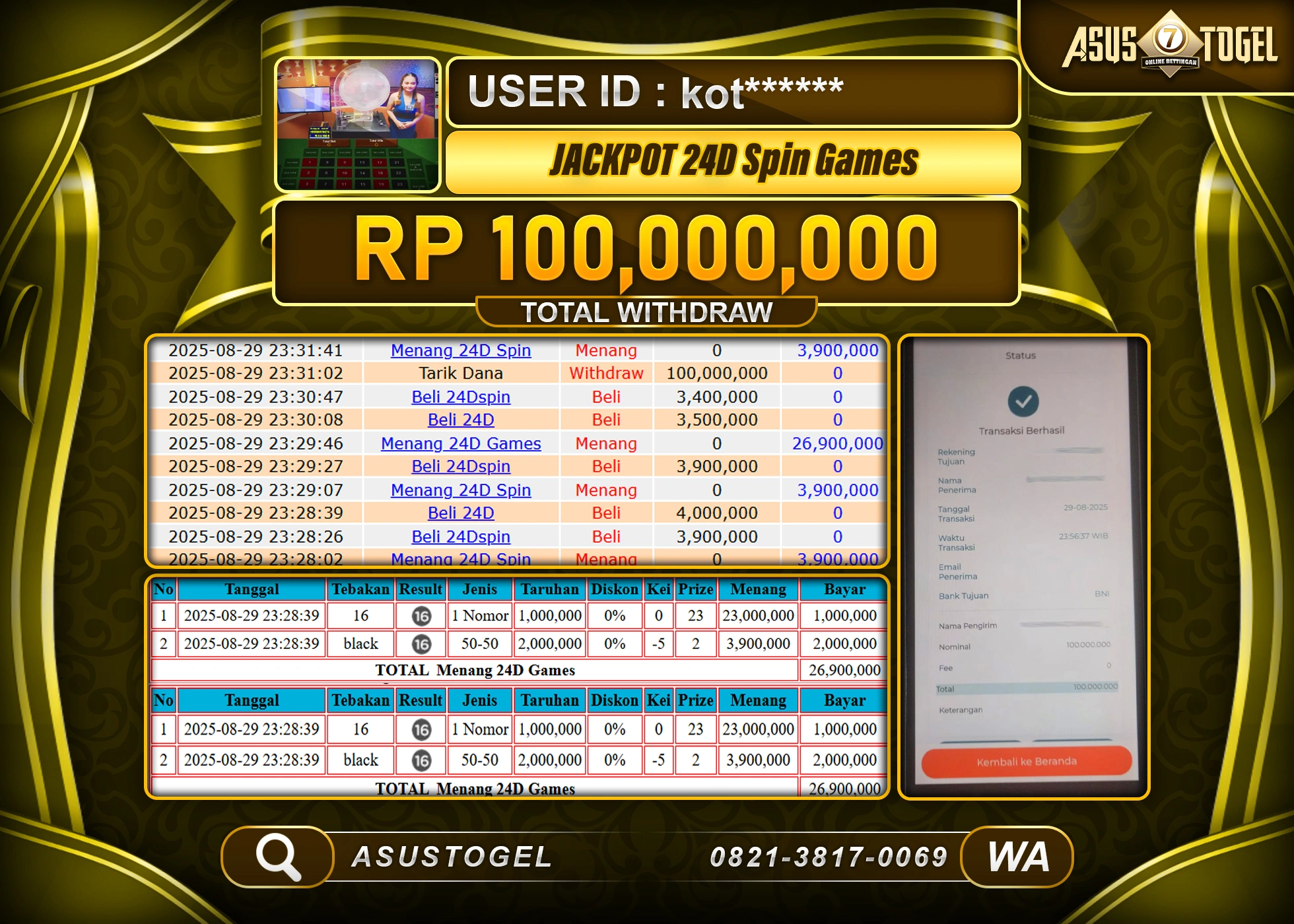 ASUSTOGEL KEMENANGAN DI LIVEGAMES 24D SPIN SEBESAR 100,000,000- RUPIAH LUNAS