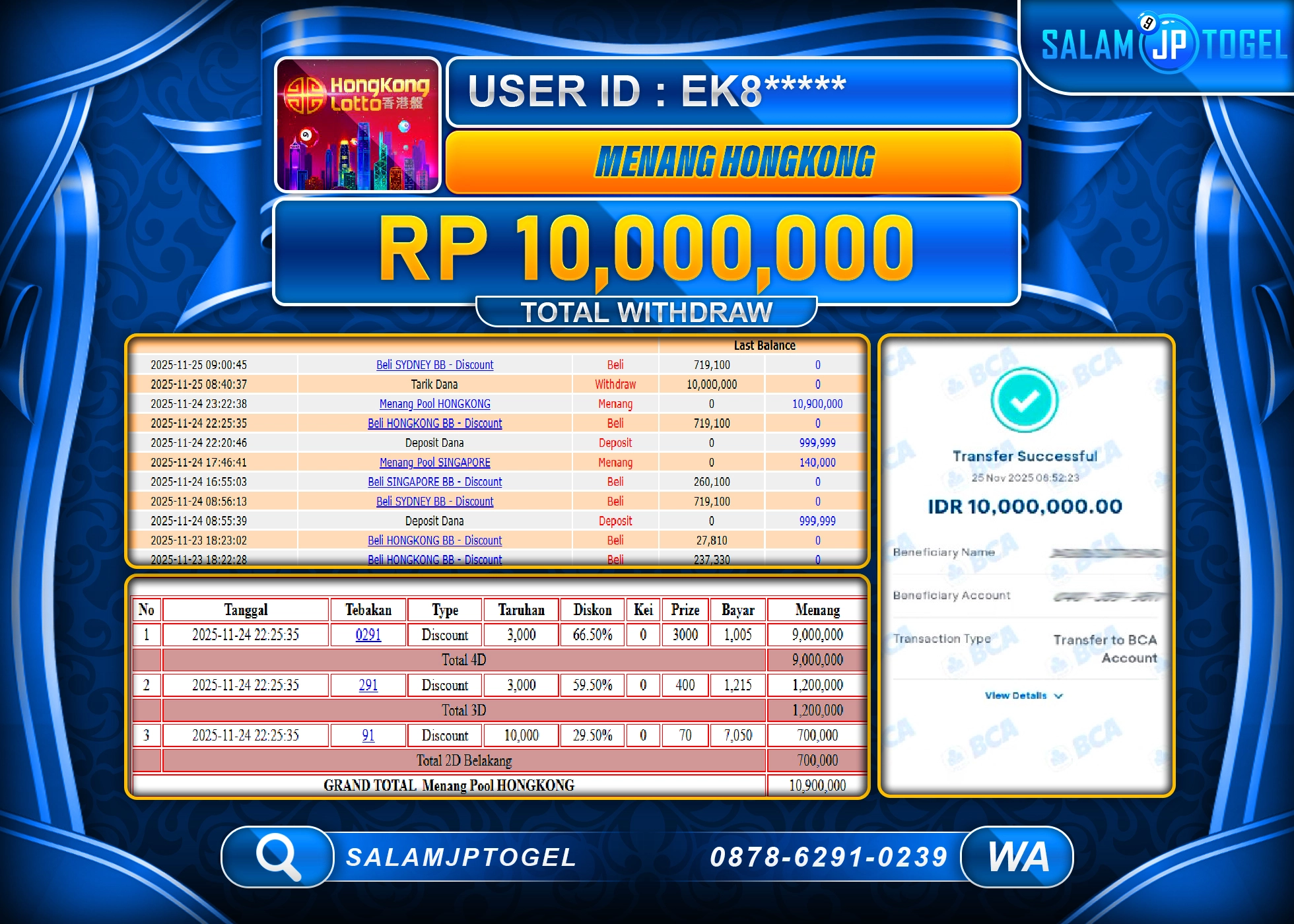 SALAMJPTOGEL MENANG JACKPOT HONGKONG LOTTO  Rp.10,000,000  - LUNAS