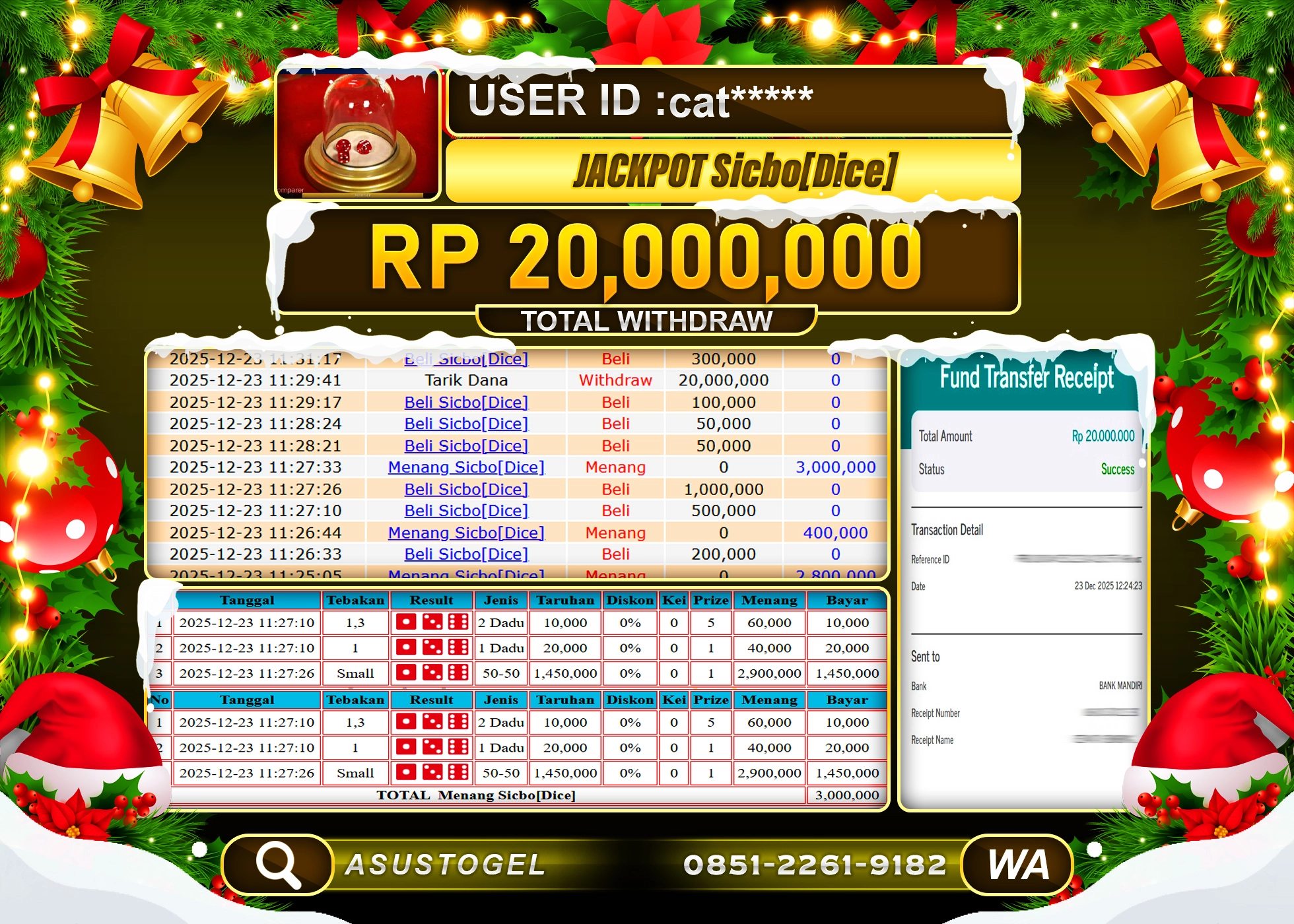 ASUSTOGEL KEMENANGAN DI LIVE GAMES SICBO[DICE] SEBESAR 20,000,000 - RUPIAH LUNAS