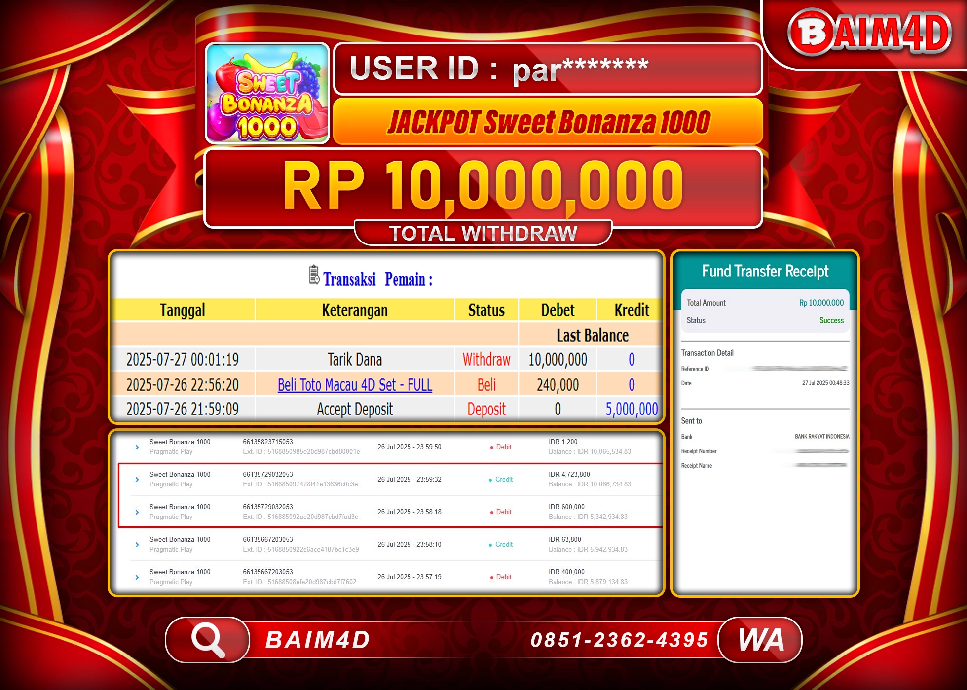 BAIM4D JACKPOT SLOT SWEET BONANZA 1000 Rp.10,000,000.- LUNAS