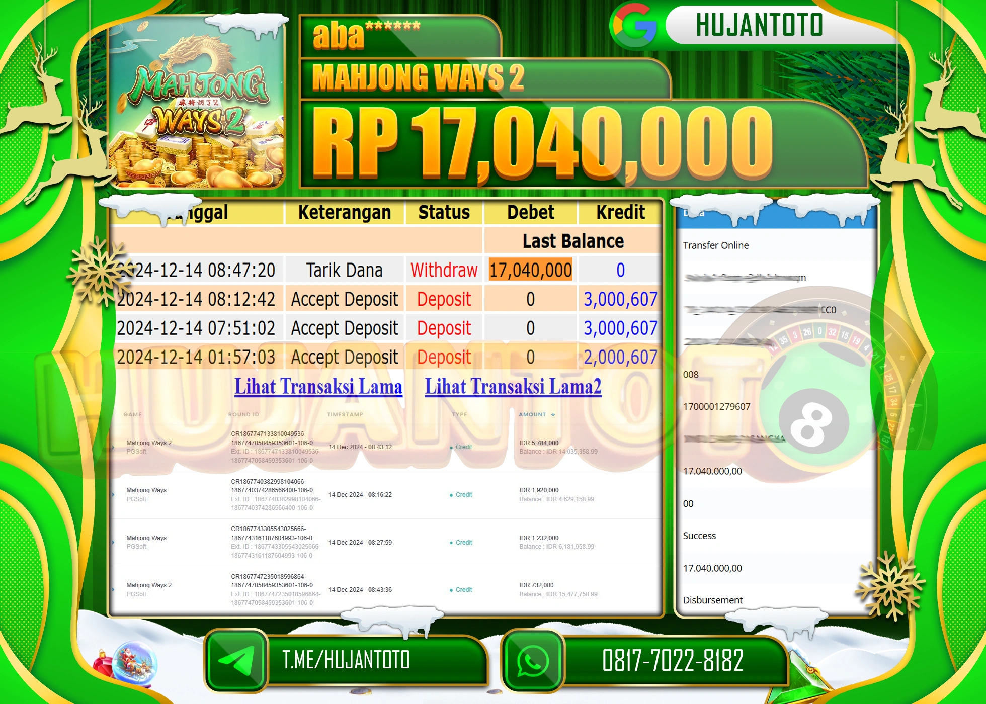 HUJANTOTO ATAS KEMENANGAN BESAR YANG DI RAIH DI PERMAINA SLOT MAHJONG WAYS 2 - 17,040,000 - TERBAYAR LUNAS