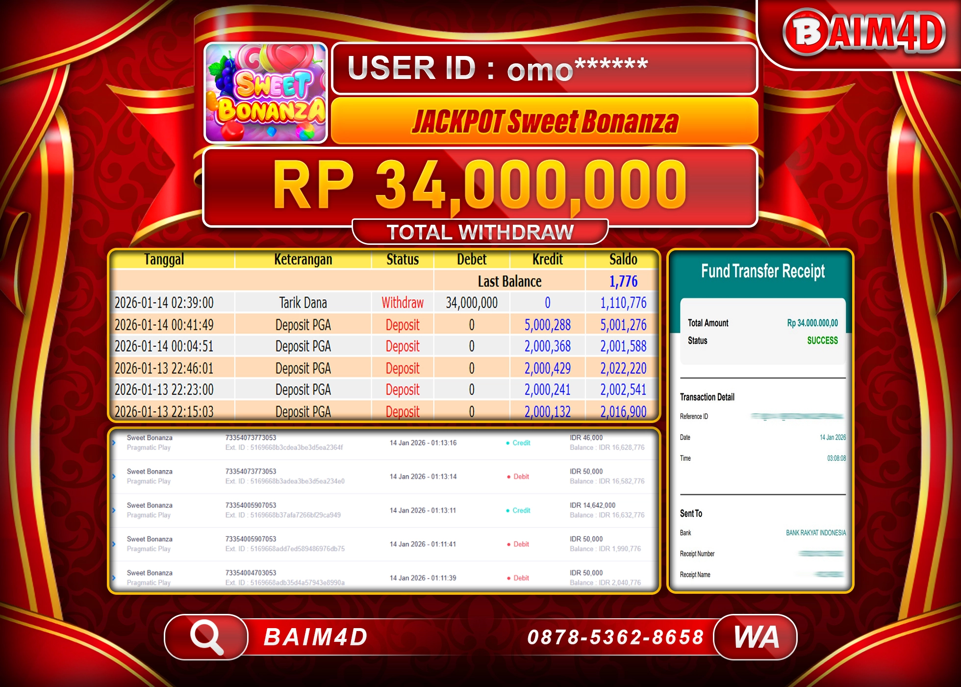 BAIM4D JACKPOT SLOT SWEET BONANZA  Rp.34,000,000 - LUNAS