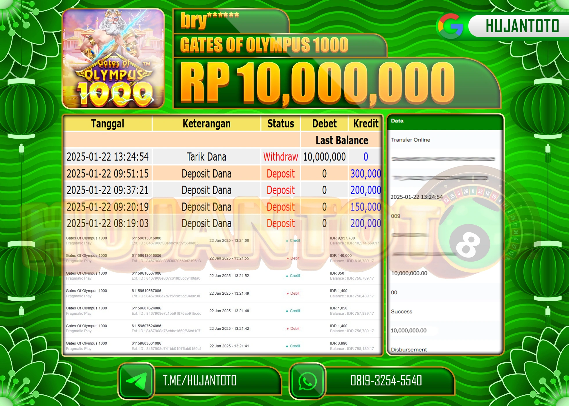 HUJANTOTO - BUKTI JACKPOT DI PERMAINAN SLOT GATES OF OLYMPUS 1000 Rp,10,000,000 - TERBAYAR LUNAS