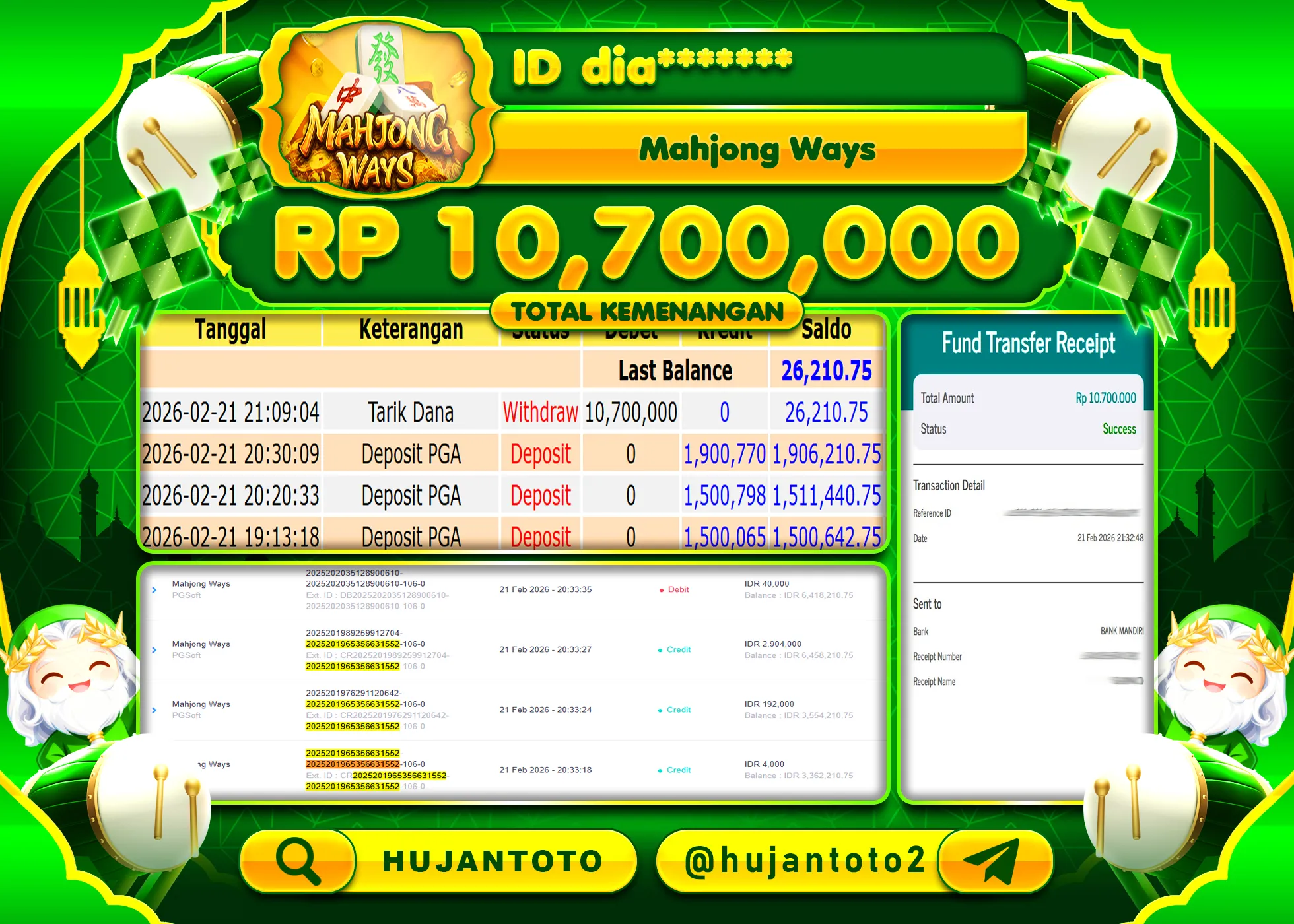 HUJANTOTO - BUKTI JACKPOT MENANG SLOT MAHJONG WAYS Rp.10,700,000 - TERBAYAR LUNAS
