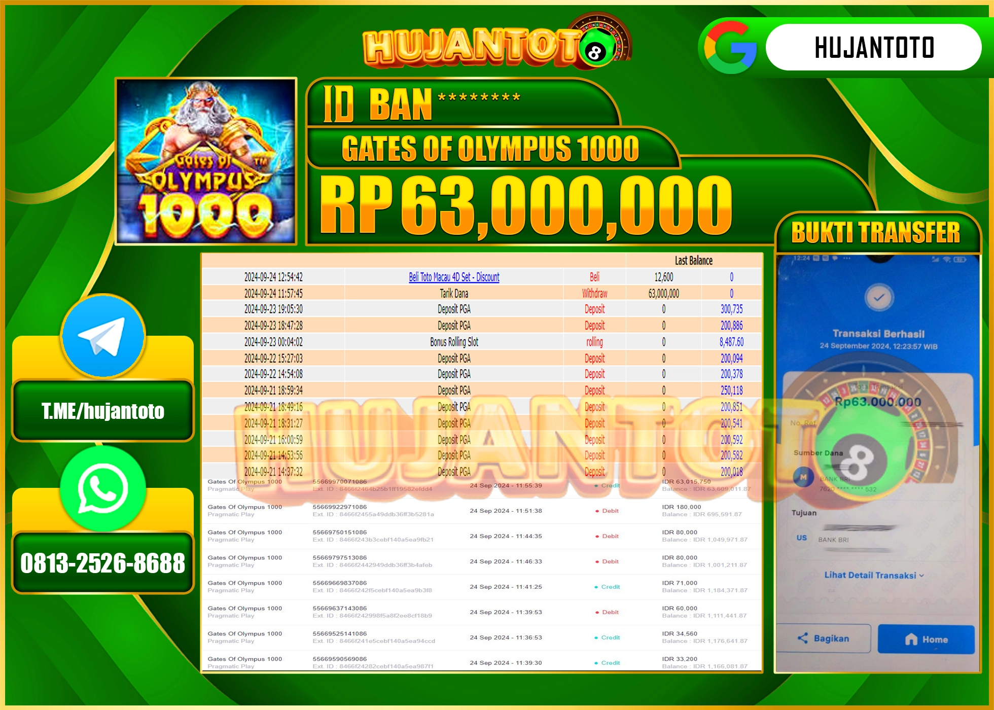 HUJANTOTO MENANG BESAR DI PERMAINAN SLOT GATES OF OLYMPUS 1000 - 63,000,000 - LUNAS 