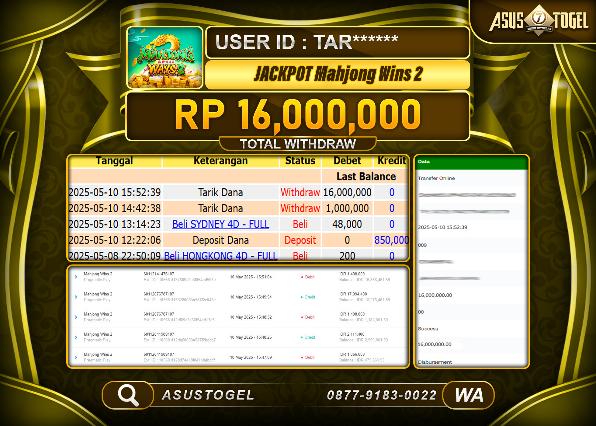 ASUSTOGEL KEMENANGAN DI SLOT GAME MAHJONG WINS 2 SEBESAR 16,000,000- RUPIAH LUNAS