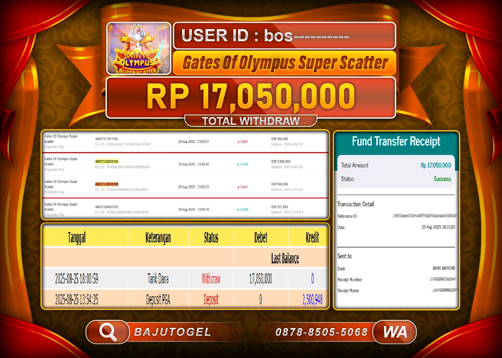 BAJUTOGEL KEMENANGAN GATES OF OLYMPUS SS Rp.17.050.000 LUNAS