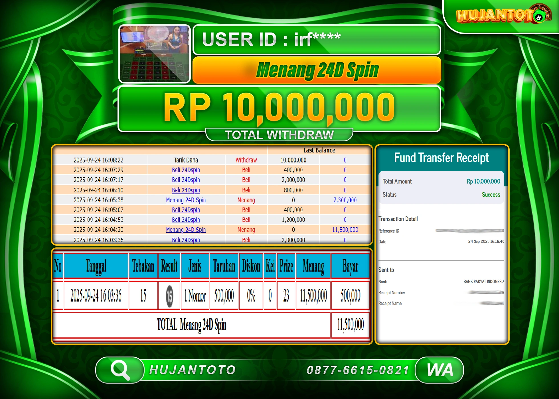 HUJANTOTO - BUKTI JACKPOT MENANG LIVE GAMES 24D SPIN Rp.10,000,000 - TERBAYAR LUNAS