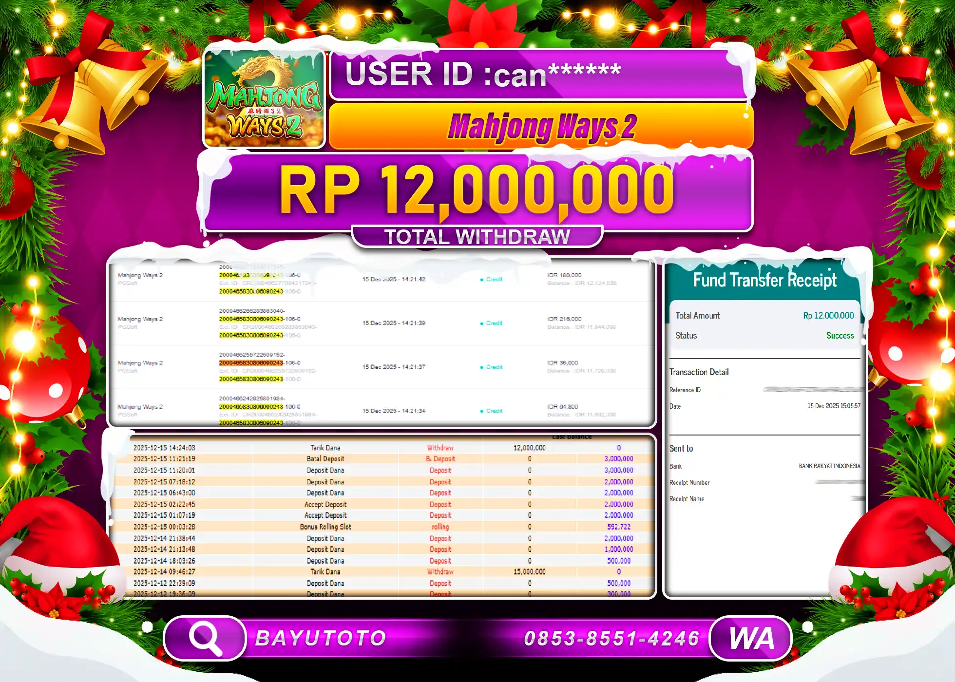 SELAMAT MEMBER SETIA BAYUTOTO JACKPOT DI SLOT MAHJONG WAYS 2 (PGSoft) Rp. 12,000,000 LUNAS