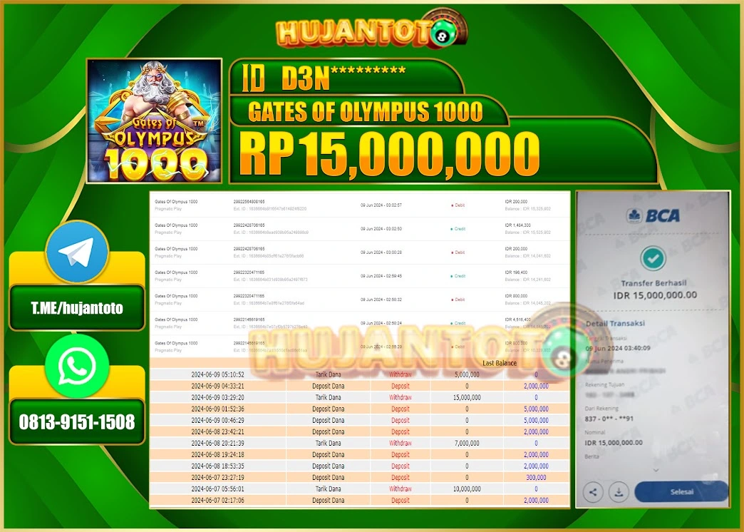 HUJANTOTO MENANG DI GATES OF OLYMPUS 1000 15.000.000 - LUNAS 