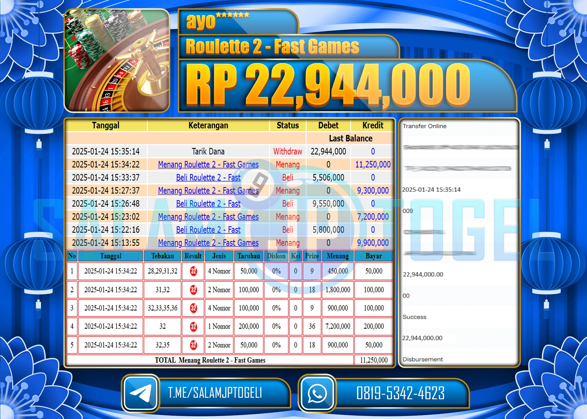 SALAMJPTOGEL MENANG ROULETTE 2- FAST GAME Rp.22,994,000 LUNAS
