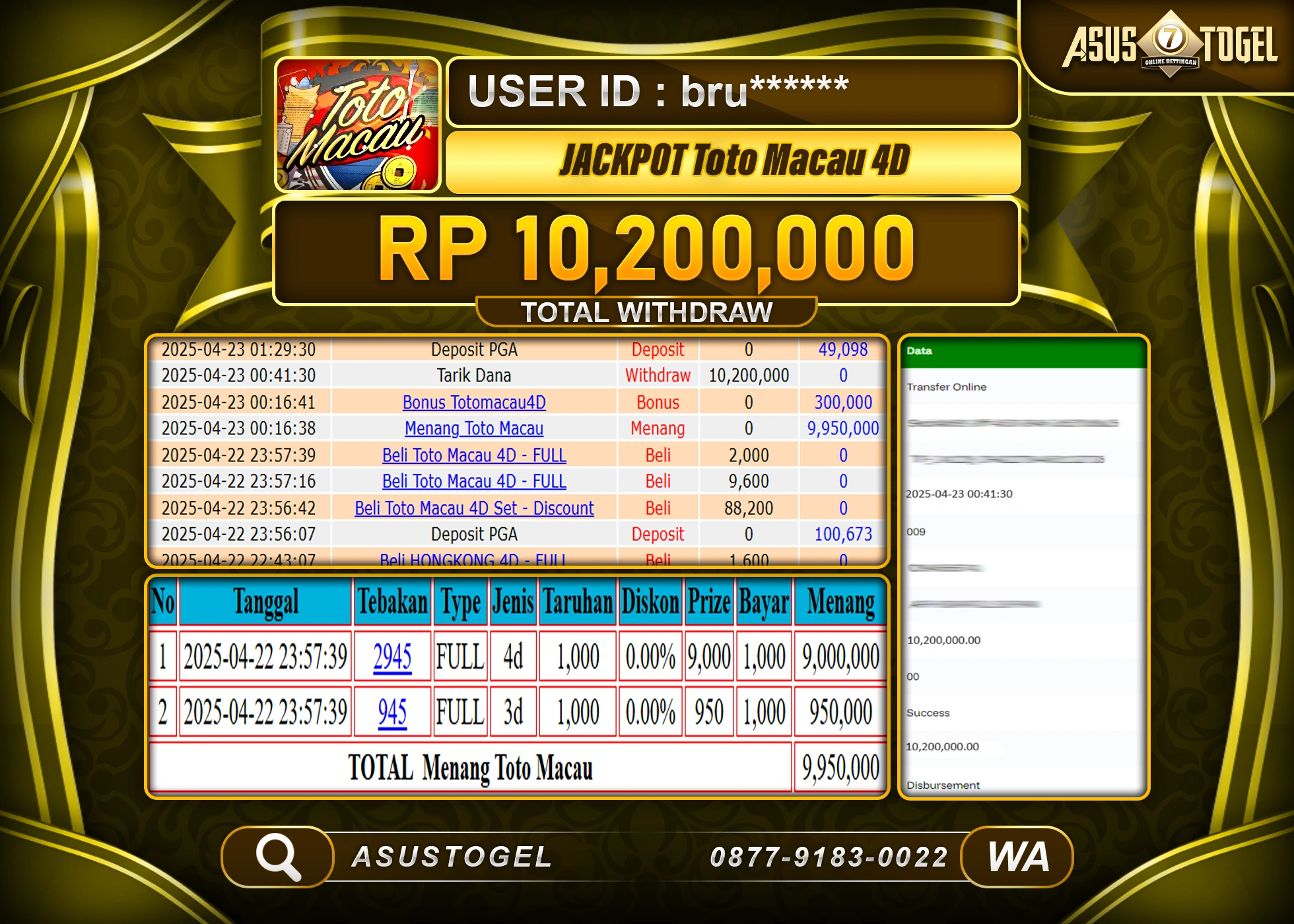ASUSTOGEL KEMENANGAN DI TOGEL TOTO MACAU 4D SEBESAR 10,200,000- RUPIAH LUNAS