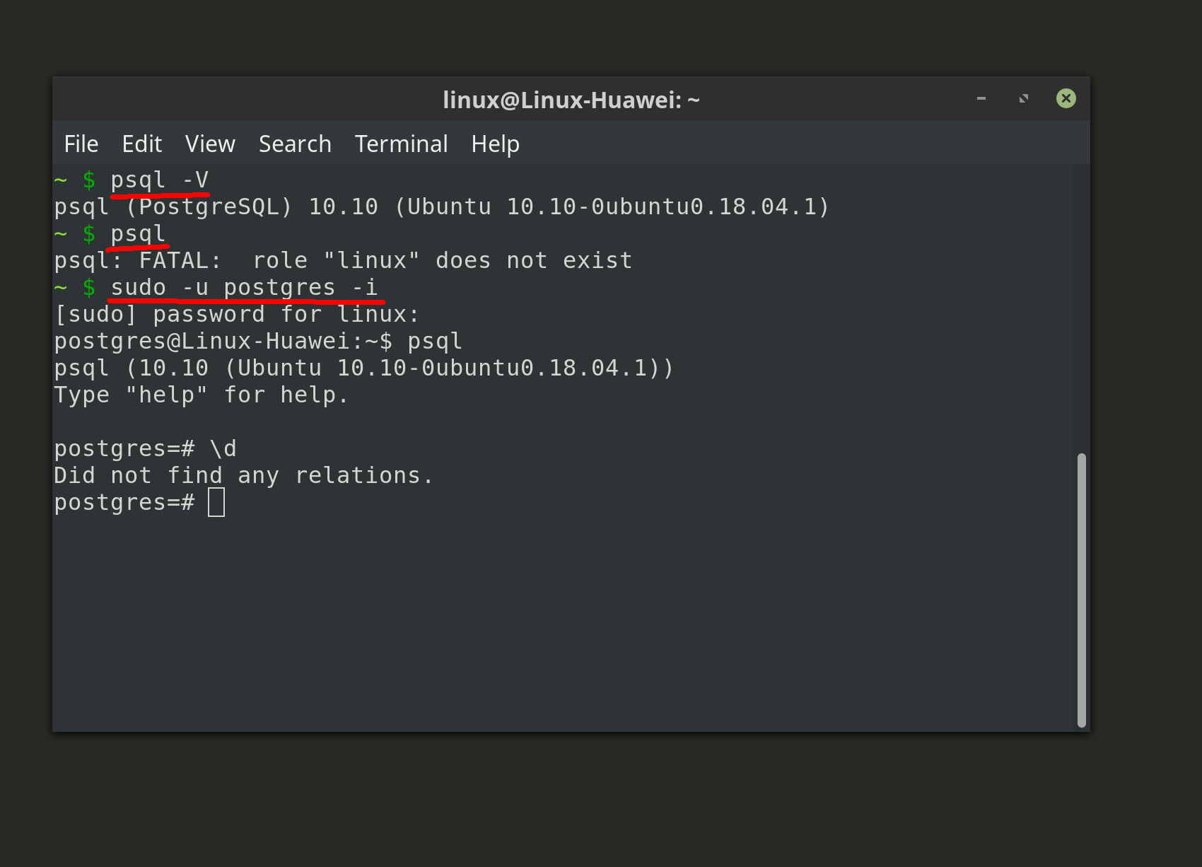 Screenshot der PSQL-Version und Rolle "linux" existiert nicht Fehler für Postgres