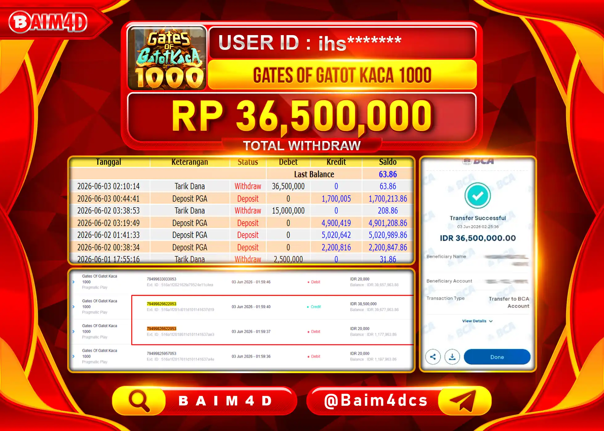BAIM4D JACKPOT GATES OF GATOT KACA 1000 Rp.36,500,000 - LUNAS