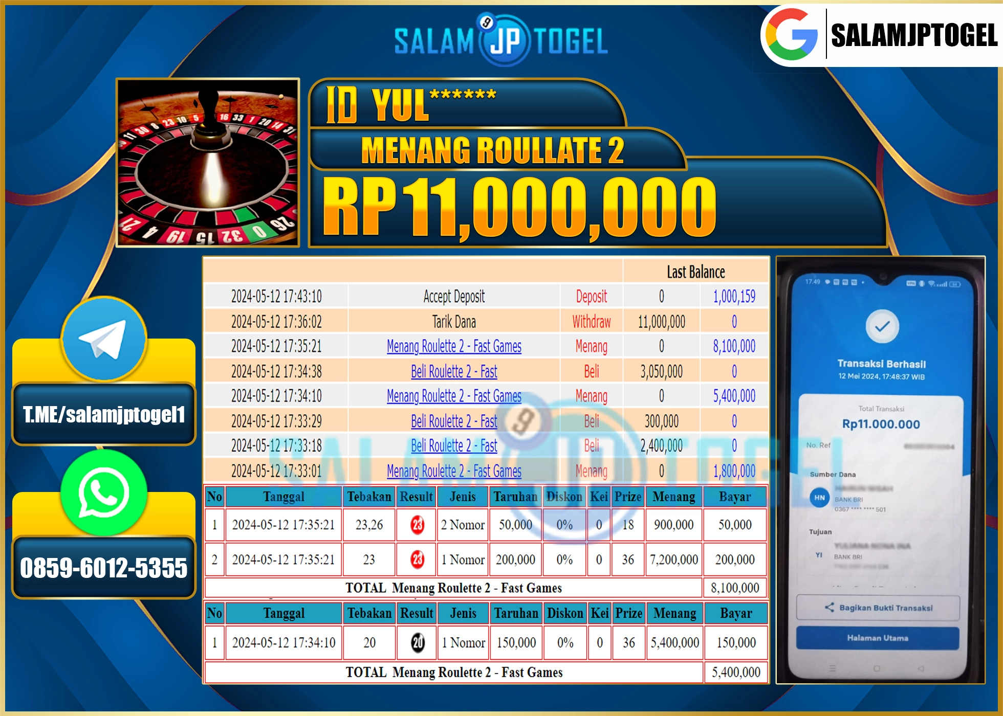 SALAMJPTOGEL MENANG ROULETTE 2  RP. 11,000,000.,- LUNAS