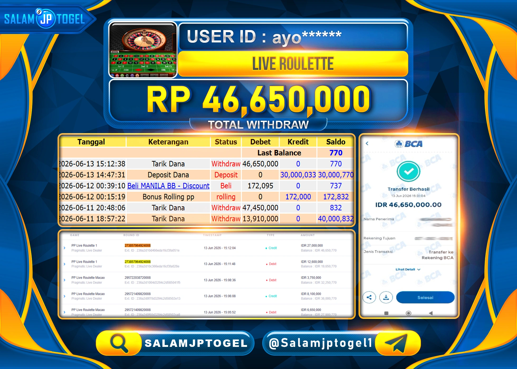 SALAMJPTOGEL JACKPOT MENANG LIVEGAMES ROULETTE GAMES Rp.46,650,000 - LUNAS
