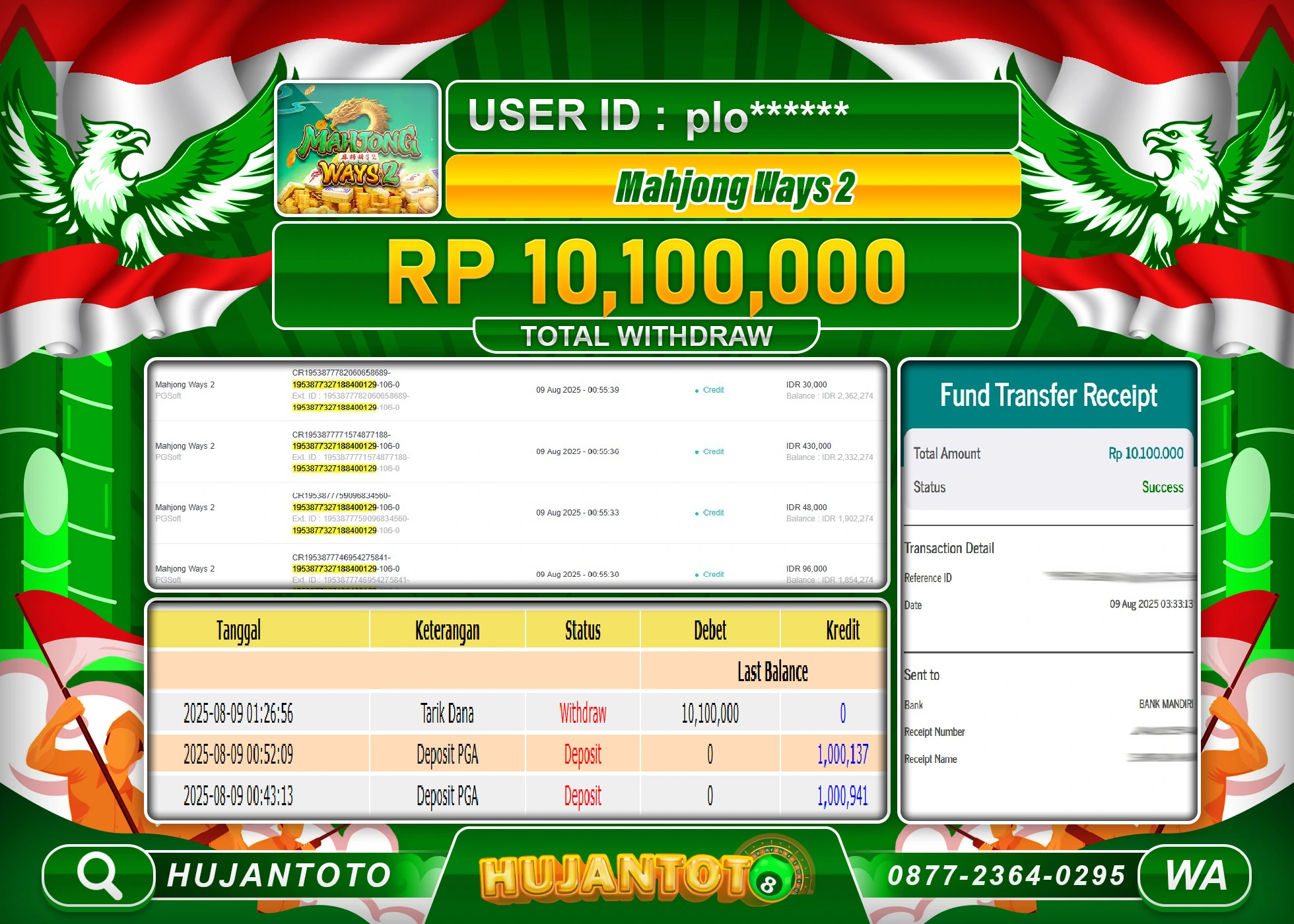 HUJANTOTO - BUKTI JACKPOT MENANG SLOT MAHJONG WAYS 2 Rp.10,100,000 - TERBAYAR LUNAS