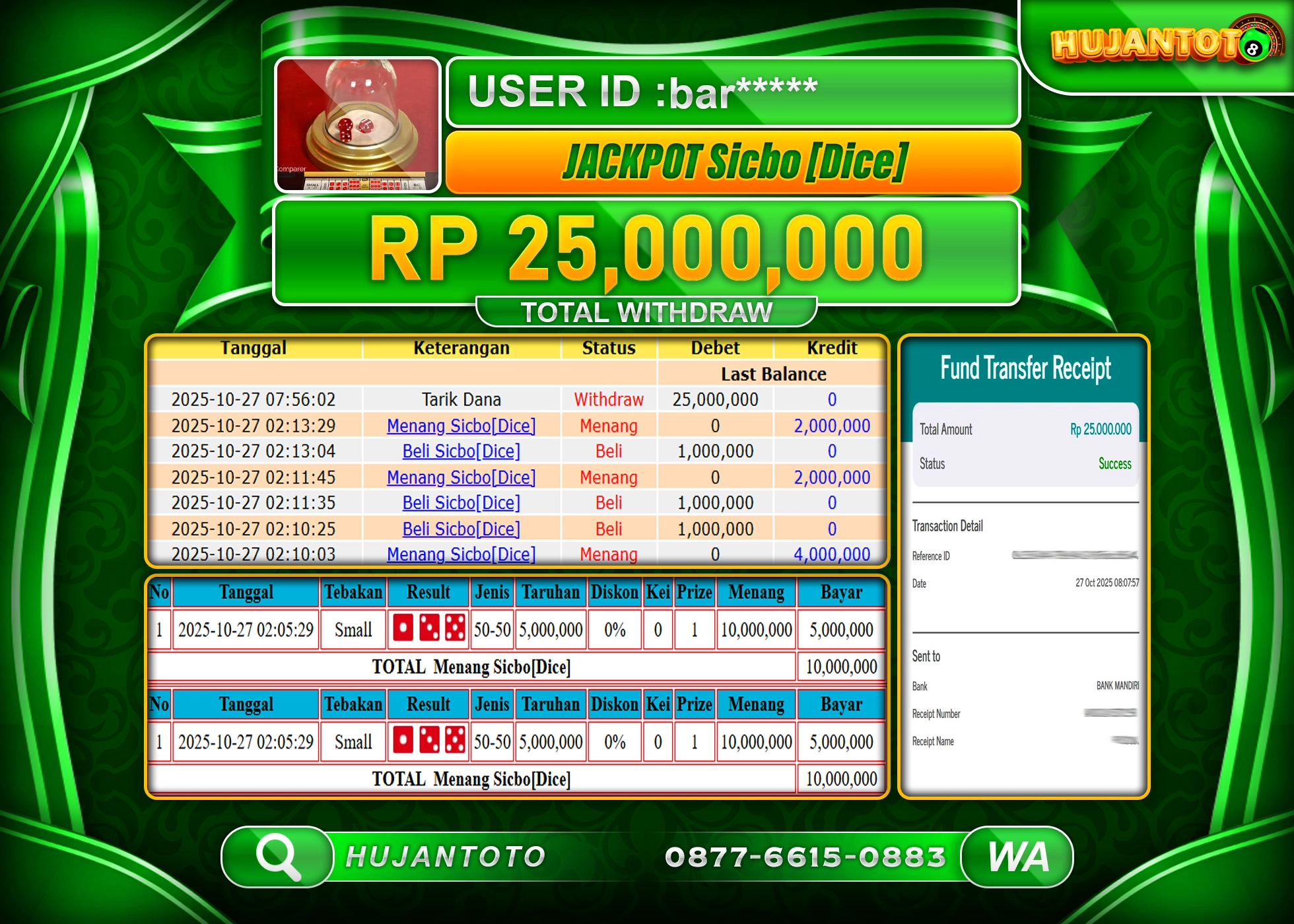HUJANTOTO - BUKTI JACKPOT MENANG LIVE GAME SICBO {DICE} Rp.25,000,000 - TERBAYAR LUNAS