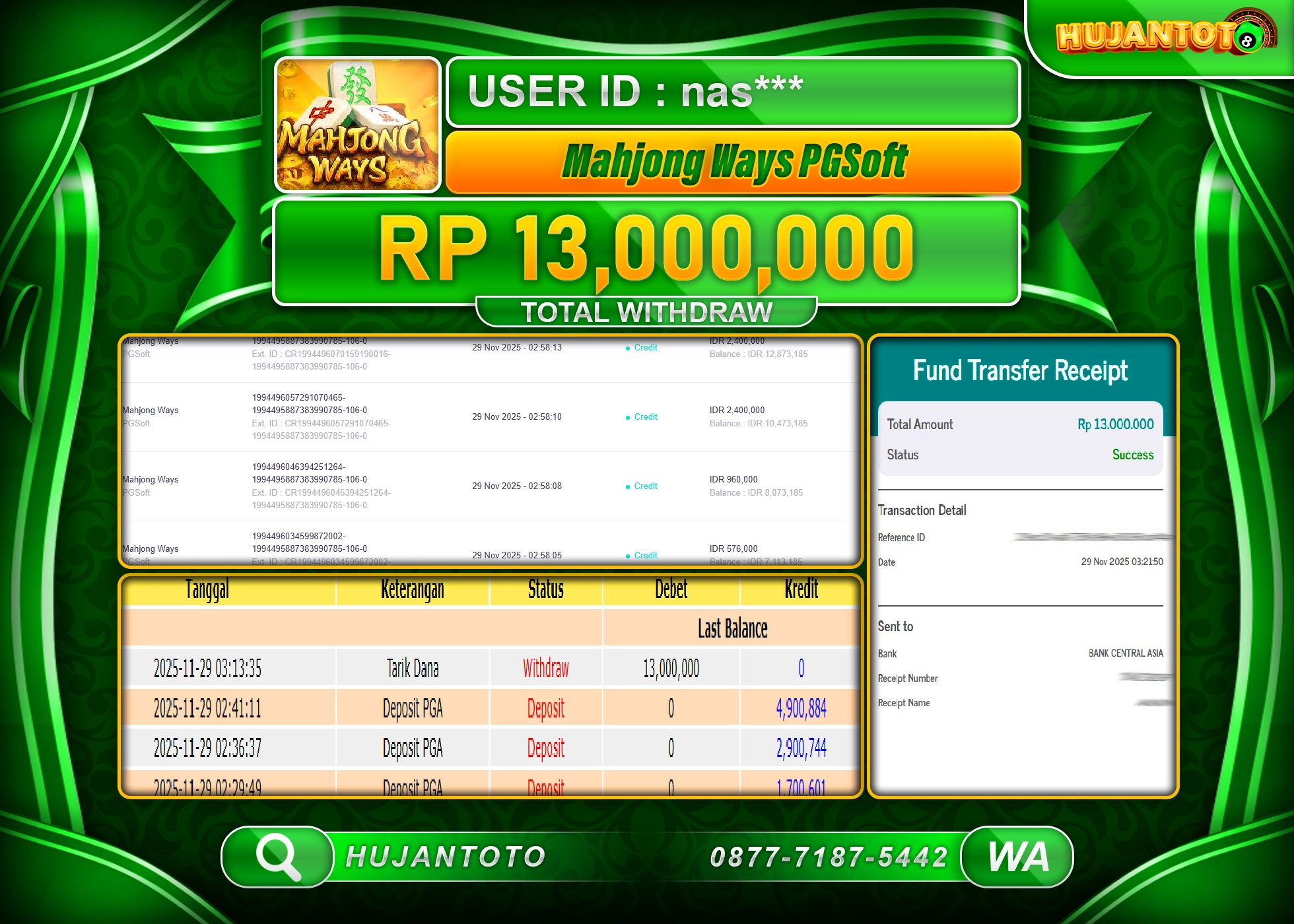 HUJANTOTO - BUKTI JACKPOT MENANG SLOT MAHJONG WAYS PG Rp.13,000,000 - TERBAYAR LUNAS