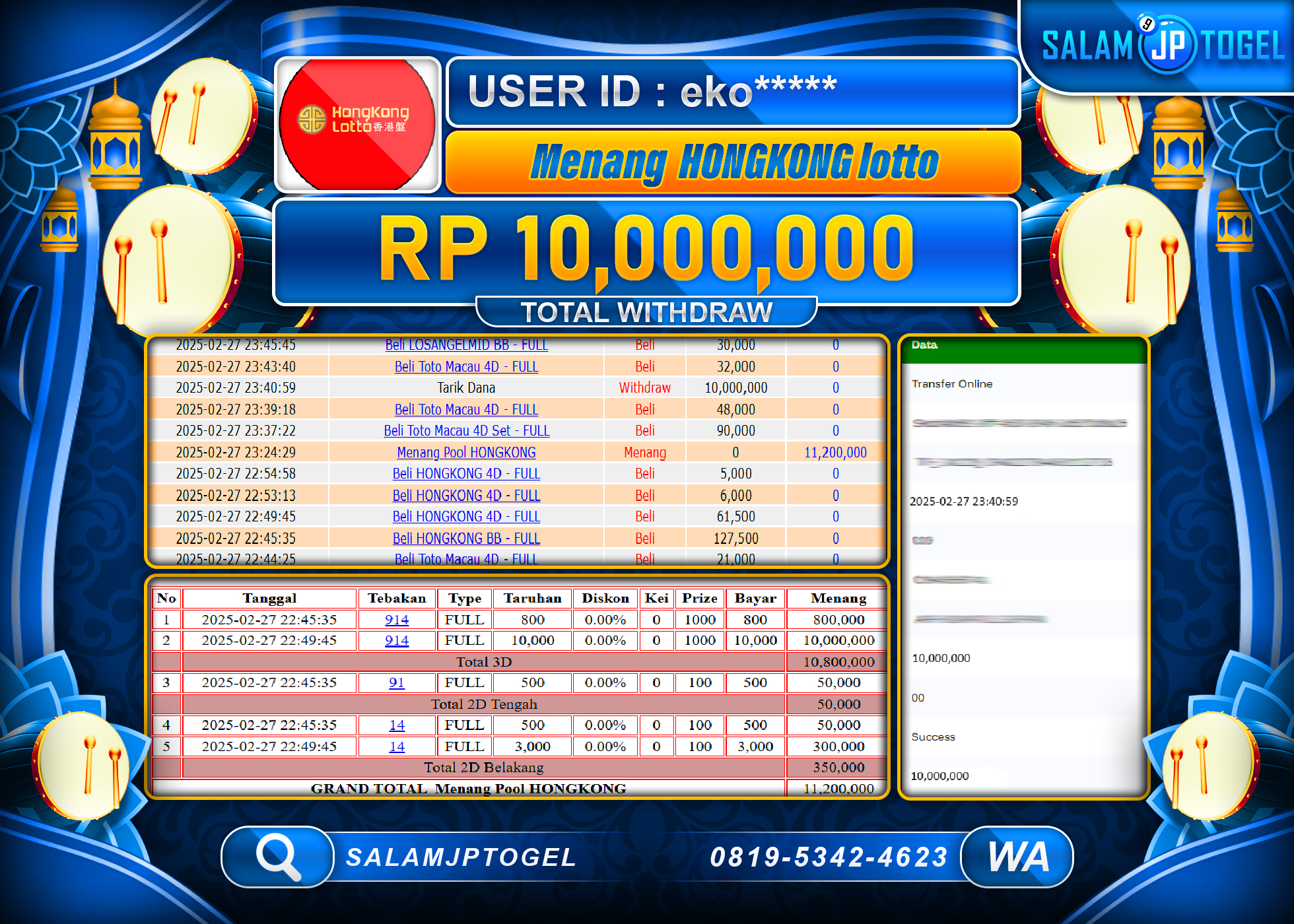 SALAMJPTOGEL MENANG TOGEL HONGKONG LOTTO Rp. 10,000,000  LUNAS