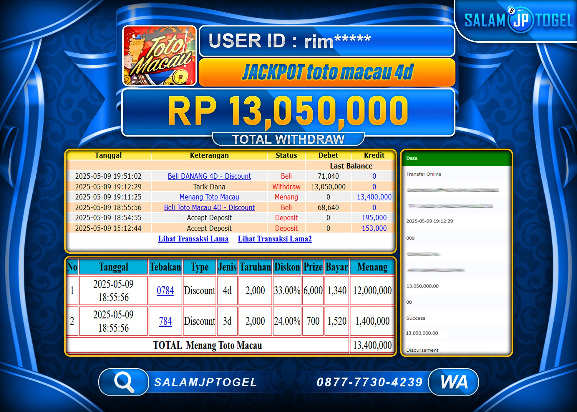 SALAMJPTOGEL MENANG TOTO MACAU 4D Rp.13,050,000 LUNAS