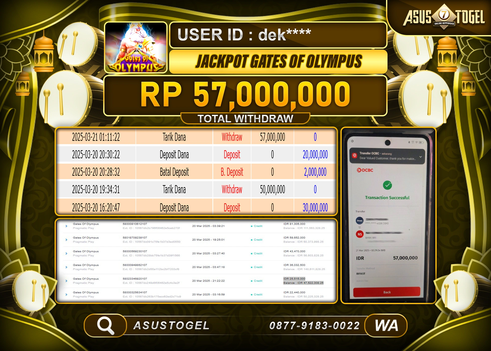 ASUSTOGEL KEMENANGAN DI SLOT GATES OF OLYMPUS SEBESAR 57000,000- RUPIAH LUNAS