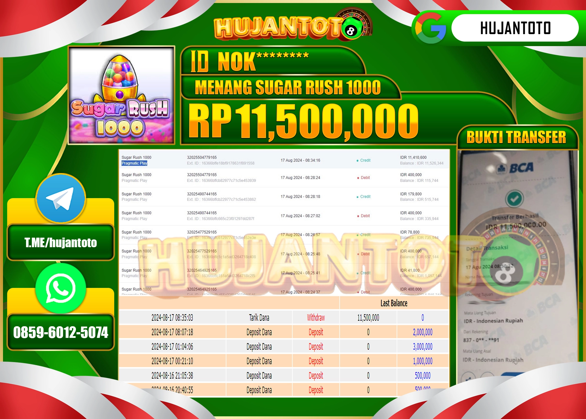 HUJANTOTO MENANG BESAR DI PERMAINAN SLOT SUGAR RUSH 1000 11.500.000 - LUNAS 