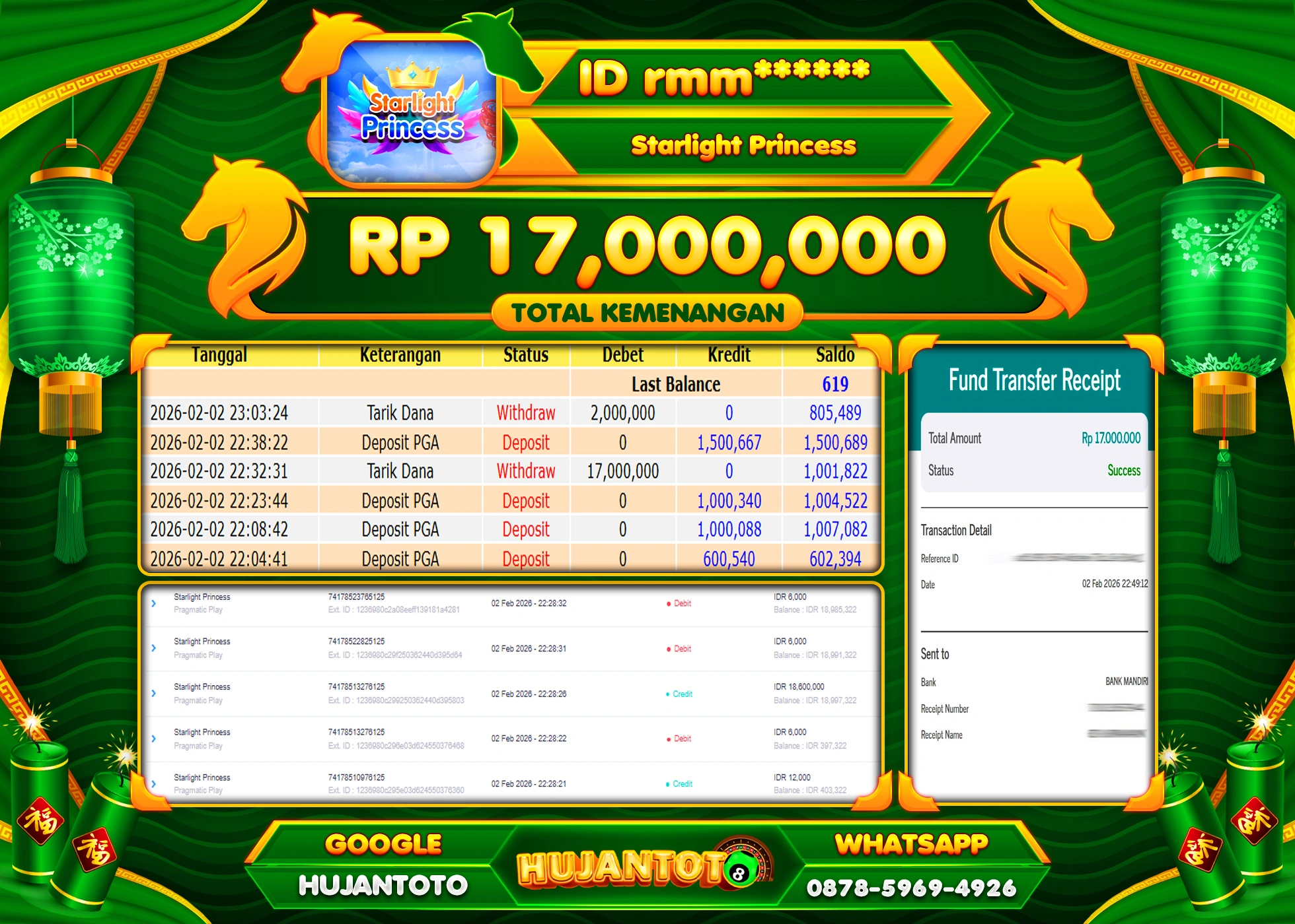 HUJANTOTO - BUKTI JACKPOT MENANG SLOT STARLIGHT PRINCESS Rp.17,000,000 - TERBAYAR LUNAS