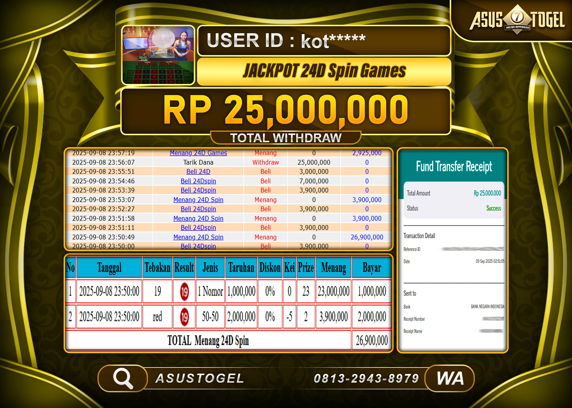 ASUSTOGEL KEMENANGAN DI LIVE GAMES 24D SPIN SEBESAR 25,000,000- RUPIAH LUNAS
