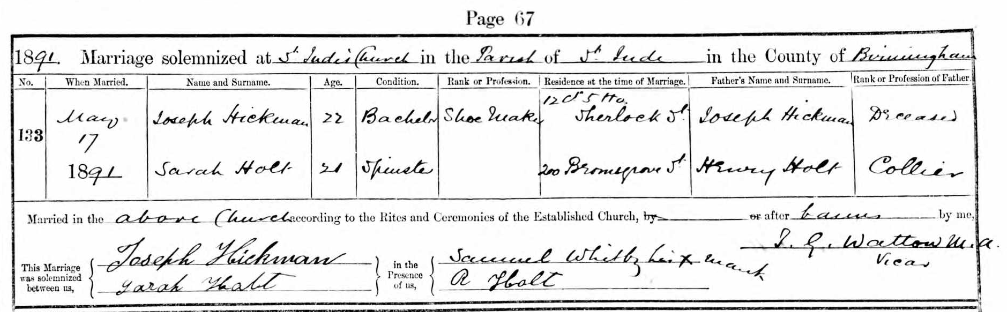 Marriage entry in parish register