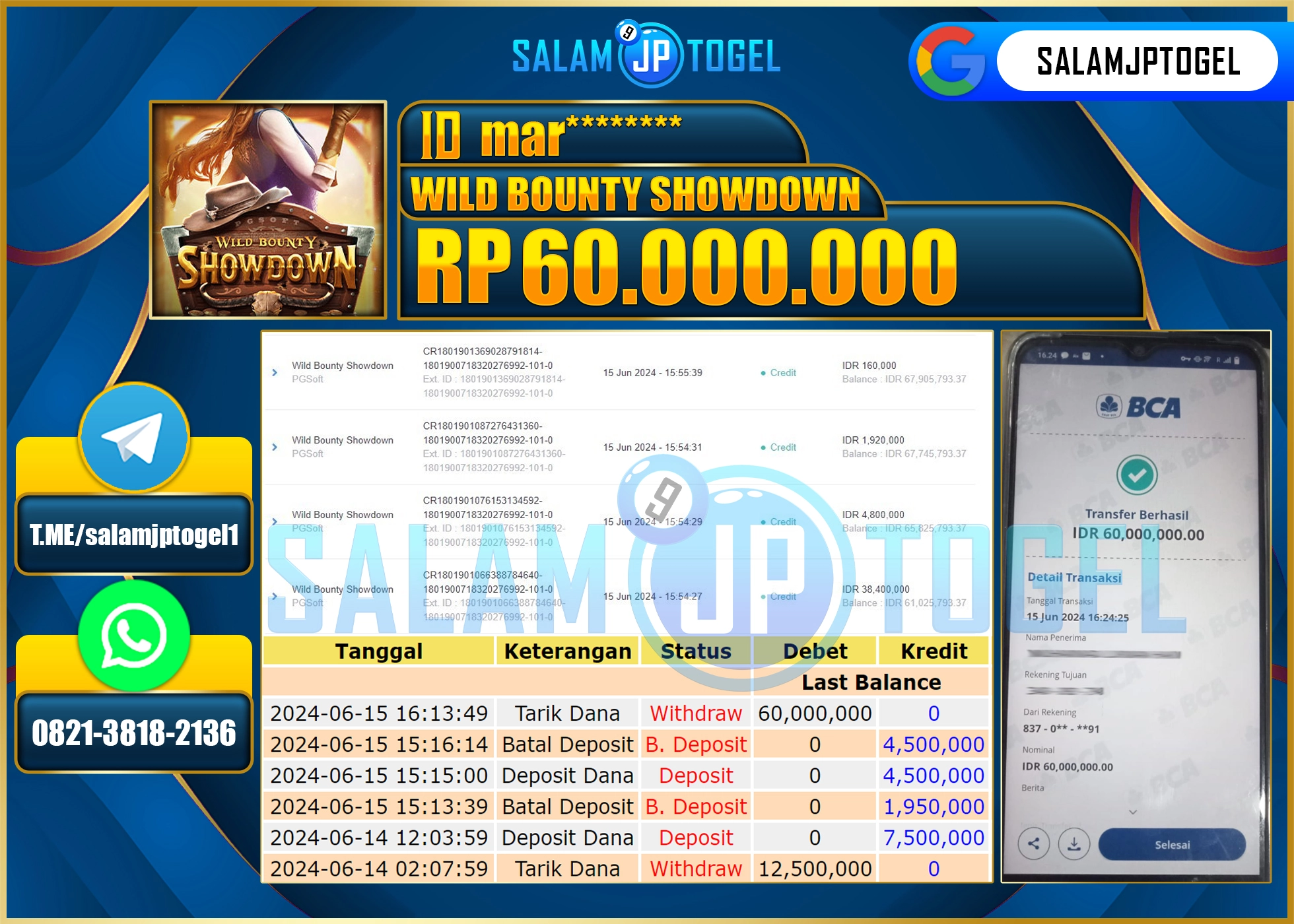 SALAMJPTOGEL MENANG WILD BOUNTY SHOWDOWN RP. 60,000,000.,LUNAS