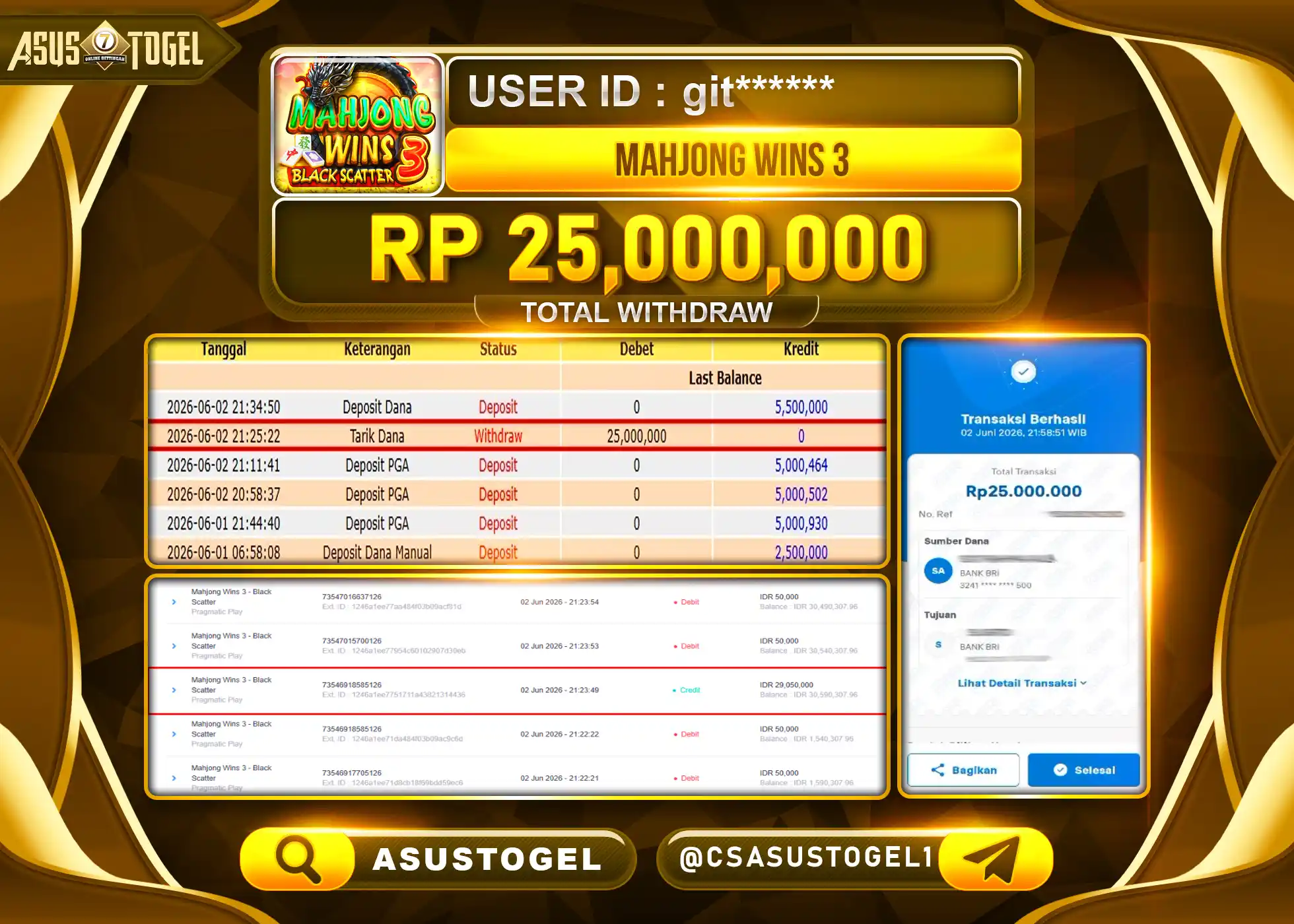 ASUSTOGEL KEMENANGAN JACKPOT SLOT PERMAINAN MAHJONG WINS 3 Rp.25,000,000 - RUPIAH LUNAS