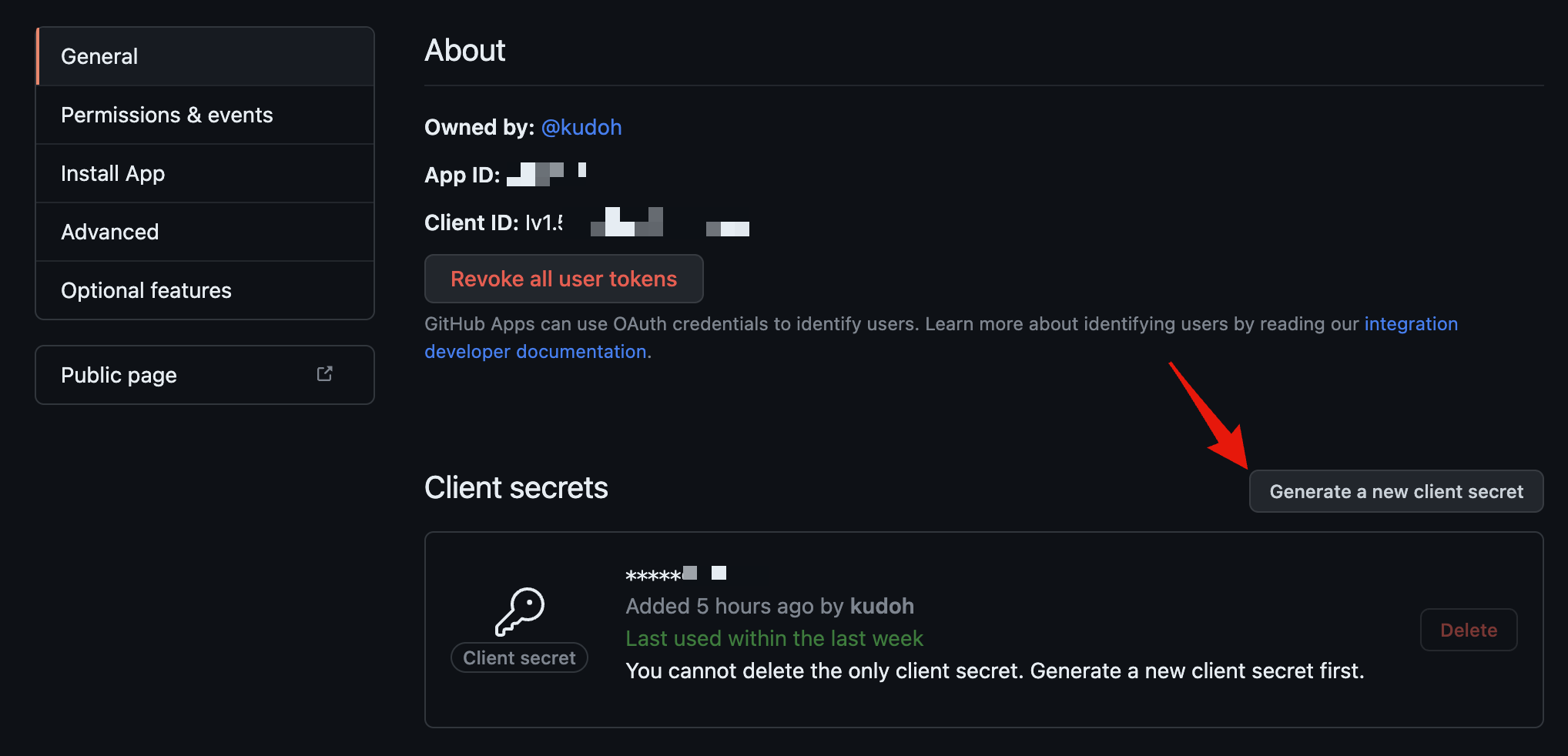 GitHub App - Create client secret