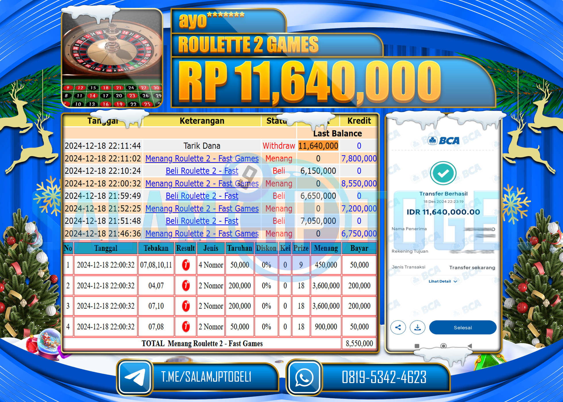SALAMJPTOGEL MENANG  CASINO MENANG ROULETTE 2 Rp.11,640,000 LUNAS