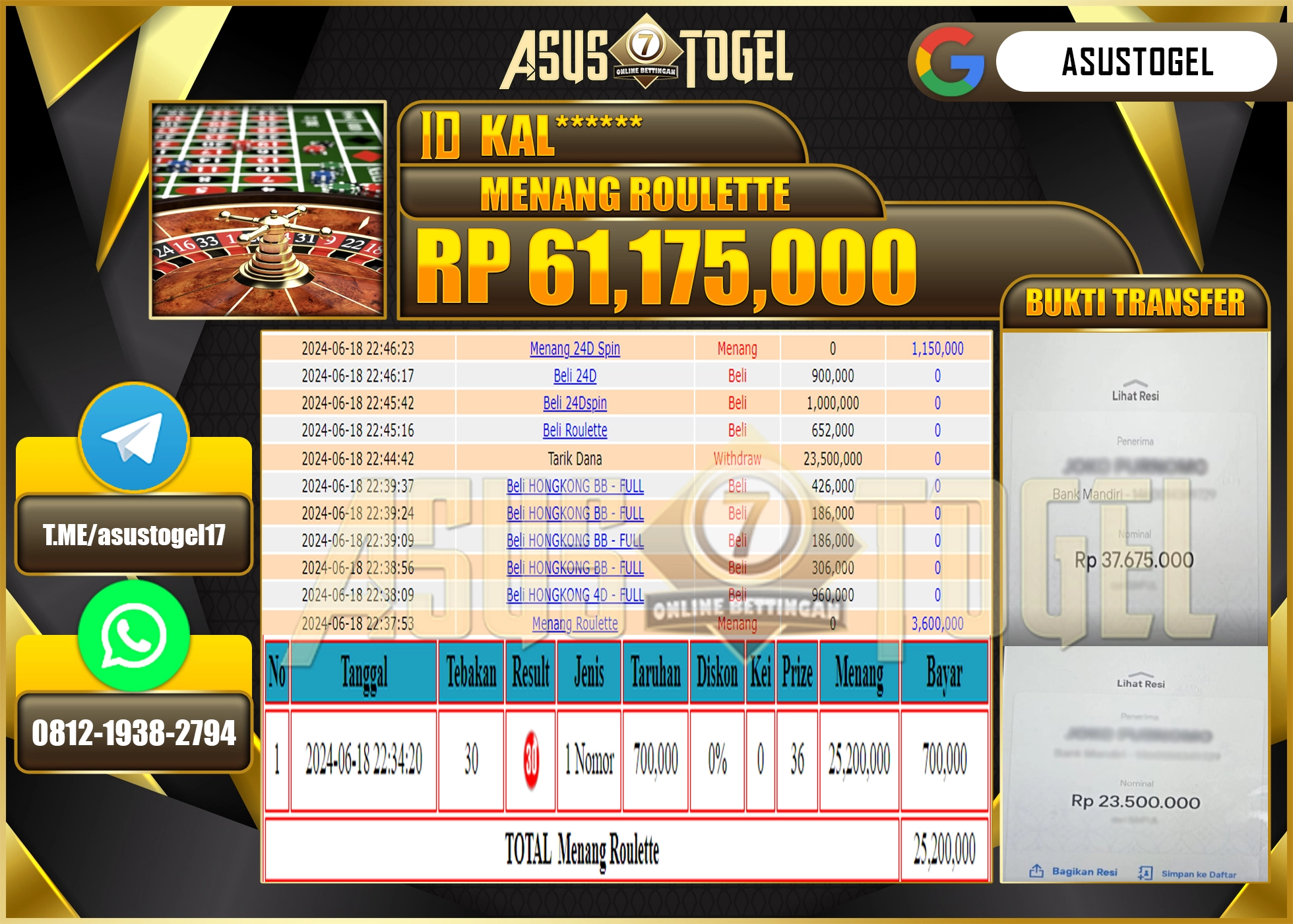 ASUSTOGEL KEMENANGAN ROULETTE GAMES SEBESAR 61,175,000-LUNAS