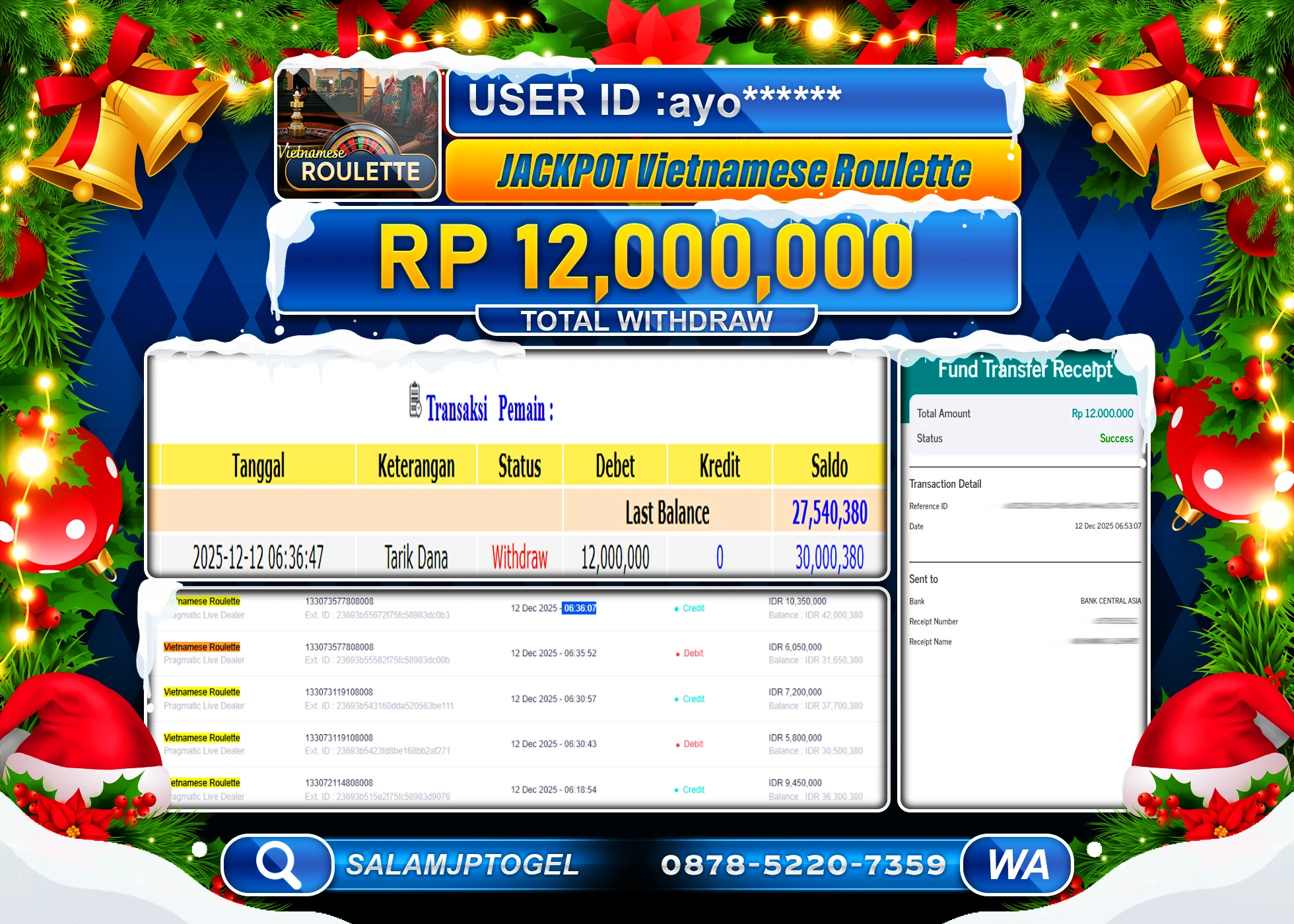 SALAMJPTOGEL JACKPOT VIETNAMESE ROULLETE Rp.12,000,000 - LUNAS
