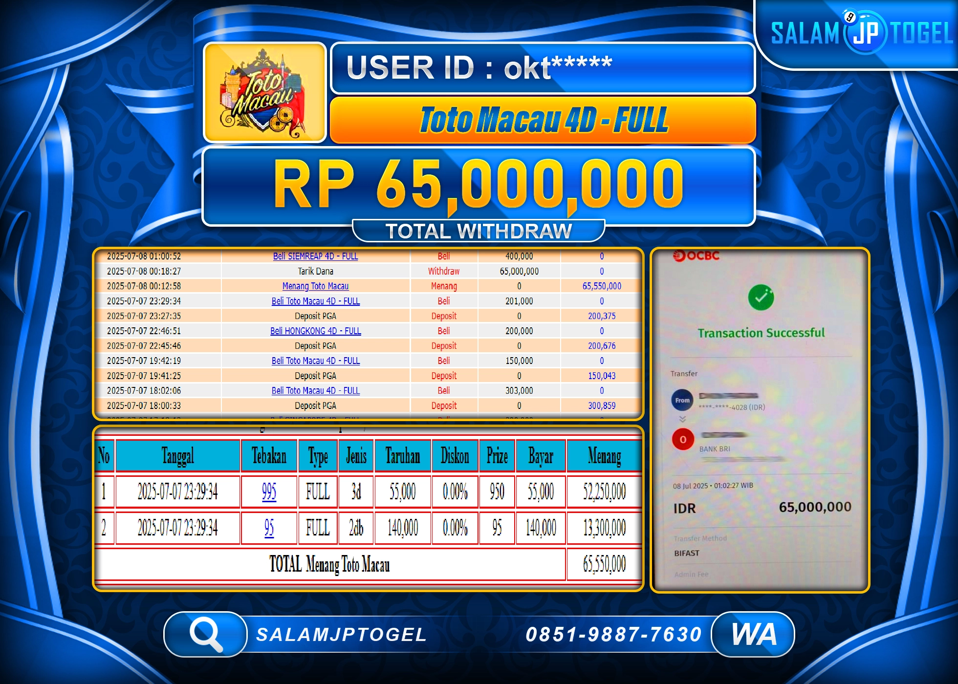 SALAMJPTOGEL MENANG Toto Macau 4D-Full  Rp.65,000,000 LUNAS