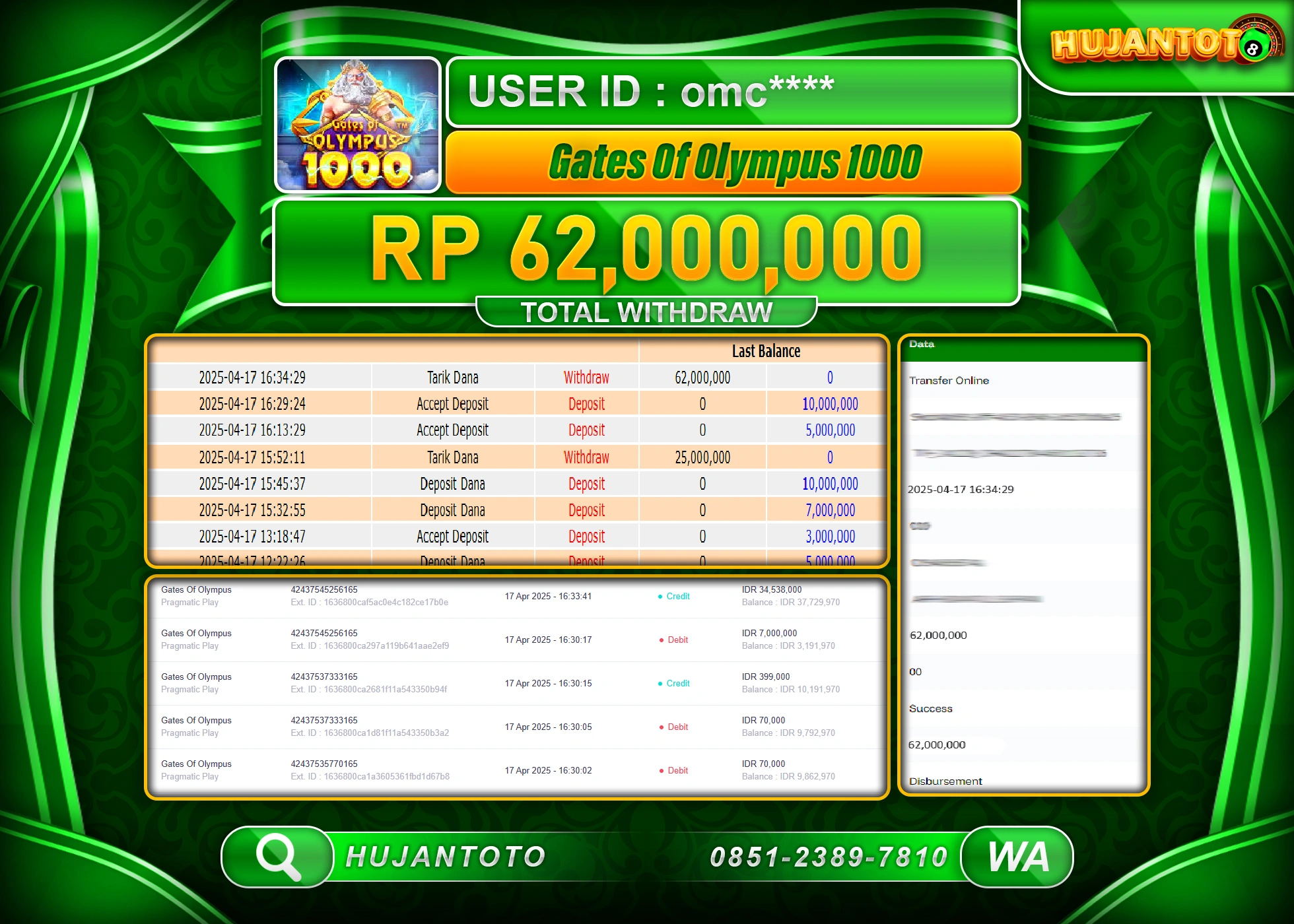 HUJANTOTO - BUKTI JACKPOT MENANG SLOT GATES OF OLYMPUS 1000 Rp,62,000,000 - TERBAYAR LUNAS