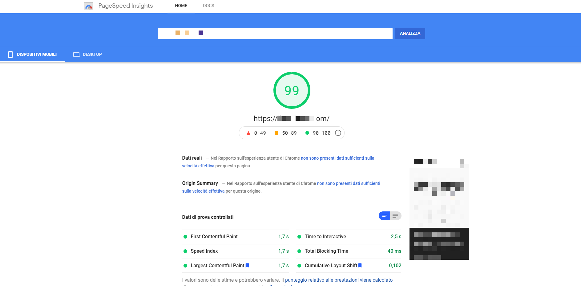 Test effettuato con Google page speed sito B