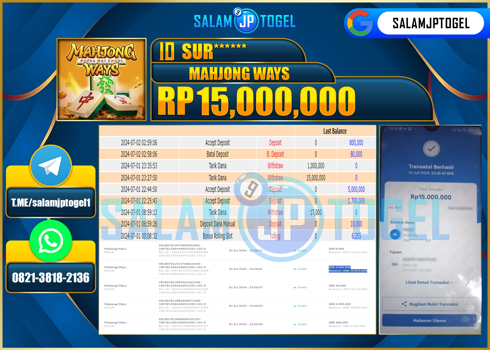 SALAMJPTOGEL MENANG MAHJONG WAYS RP. 12,000,000.,LUNAS