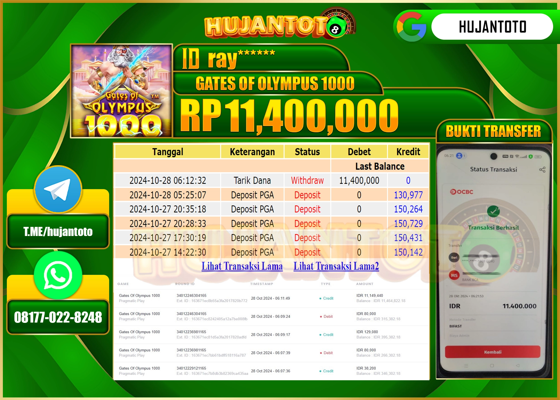 HUJANTOTO MENANG DI PERMAINAN GATES OF OLYMPUS 1000 - 11,400,000 - LUNAS