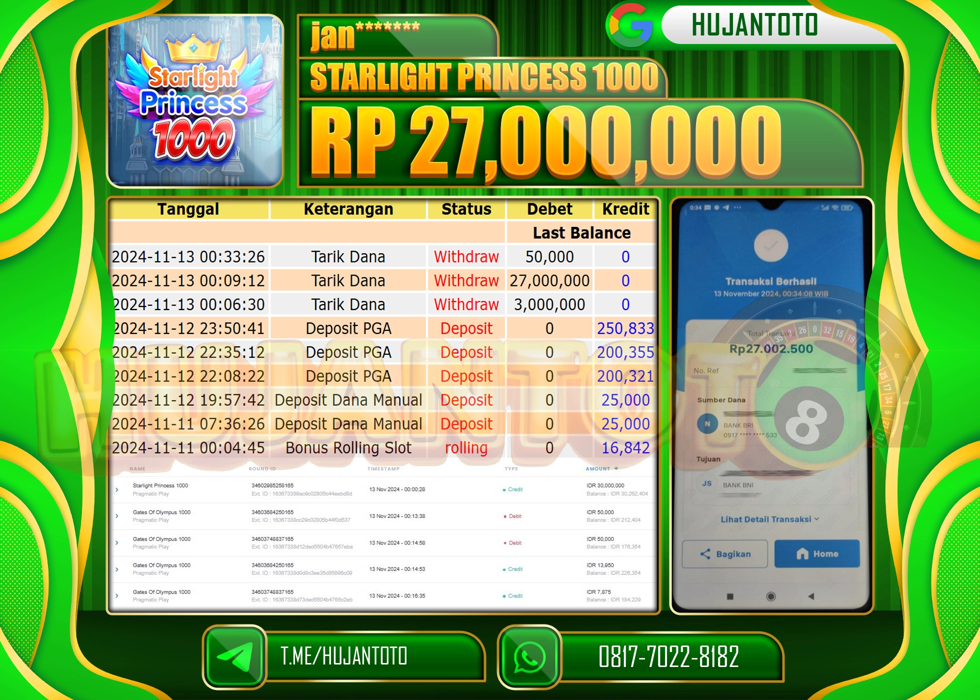 HUJANTOTO MENANG DI RAIH DI PERMAINAN  SLOT STARLIGHT PRINCESS 1000  - 27,000,000  - LUNAS