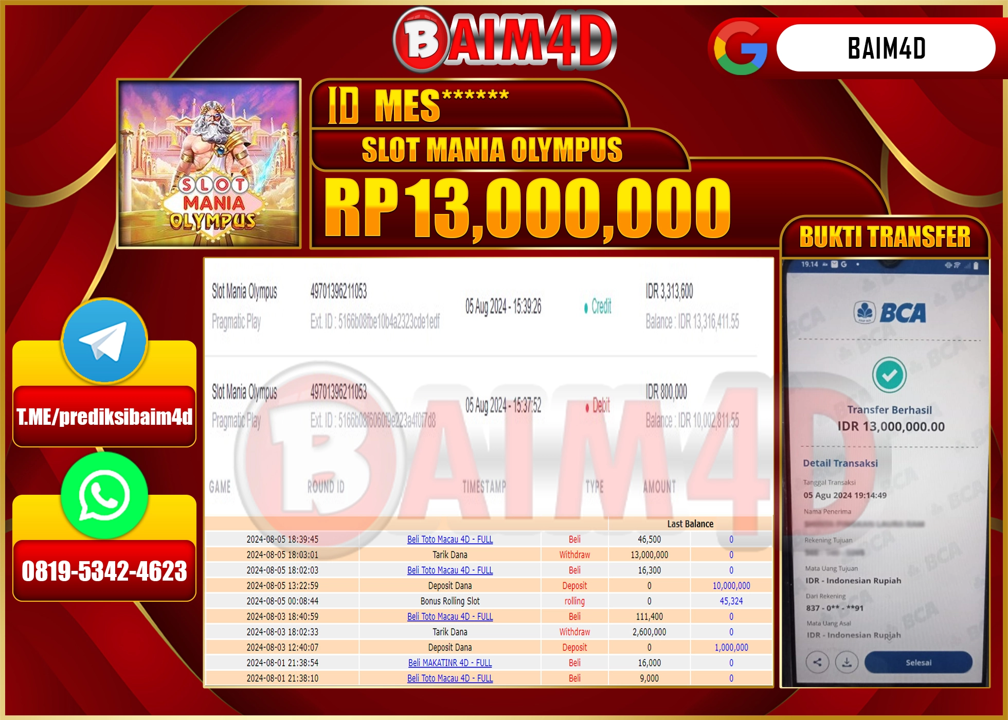 BAIM4D JACKPOT SLOT MANIA OLYMPUS Rp.13.000,000.- LUNAS