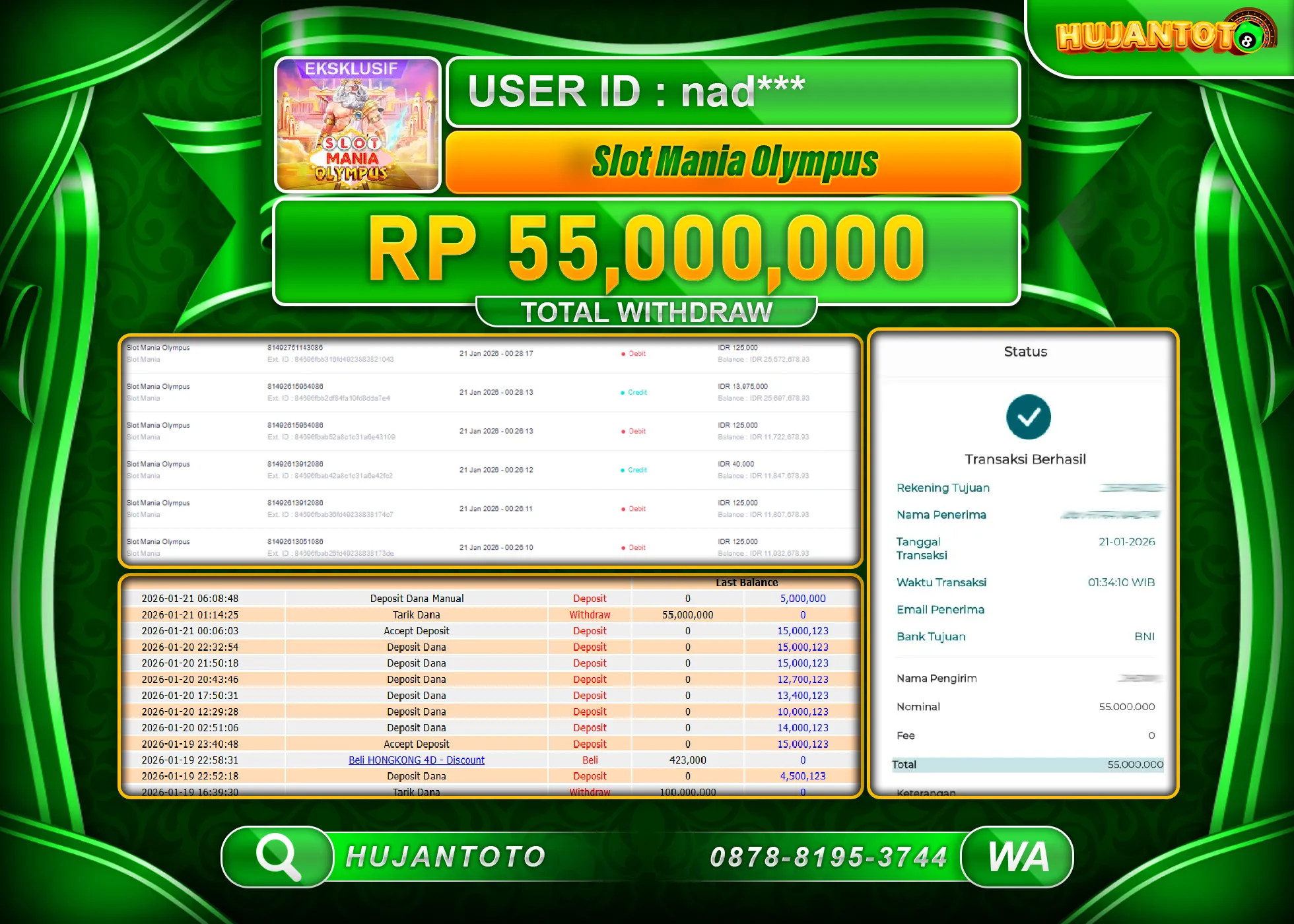 HUJANTOTO - BUKTI JACKPOT MENANG SLOT SLOT MANIA OLYMPUS Rp.55,000,000 - TERBAYAR LUNAS