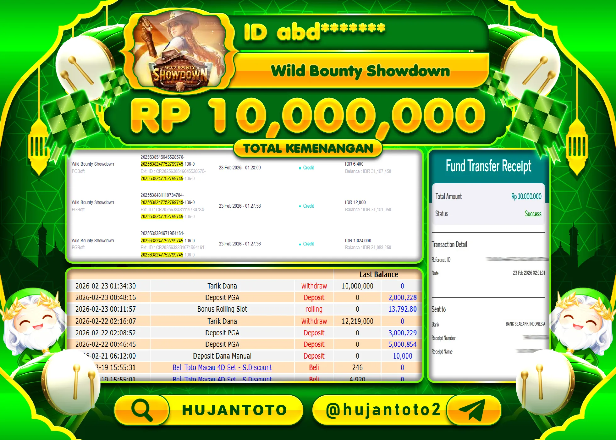 HUJANTOTO - BUKTI JACKPOT MENANG SLOT WILD BOUNTY SHOWDOWN Rp.10,000,000 - TERBAYAR LUNAS