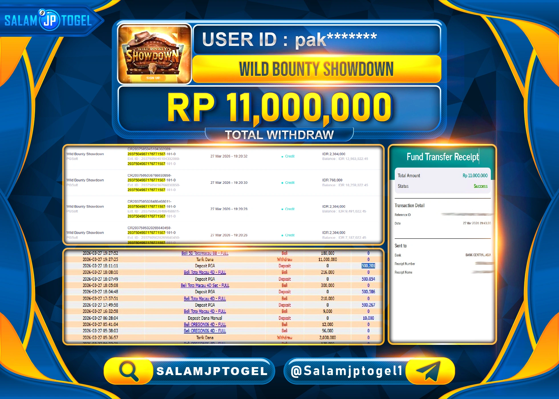 SALAMJPTOGEL MENANG JACKPOT WILD BOUNTYSHOWDOWN Rp.11,000,000 - LUNAS