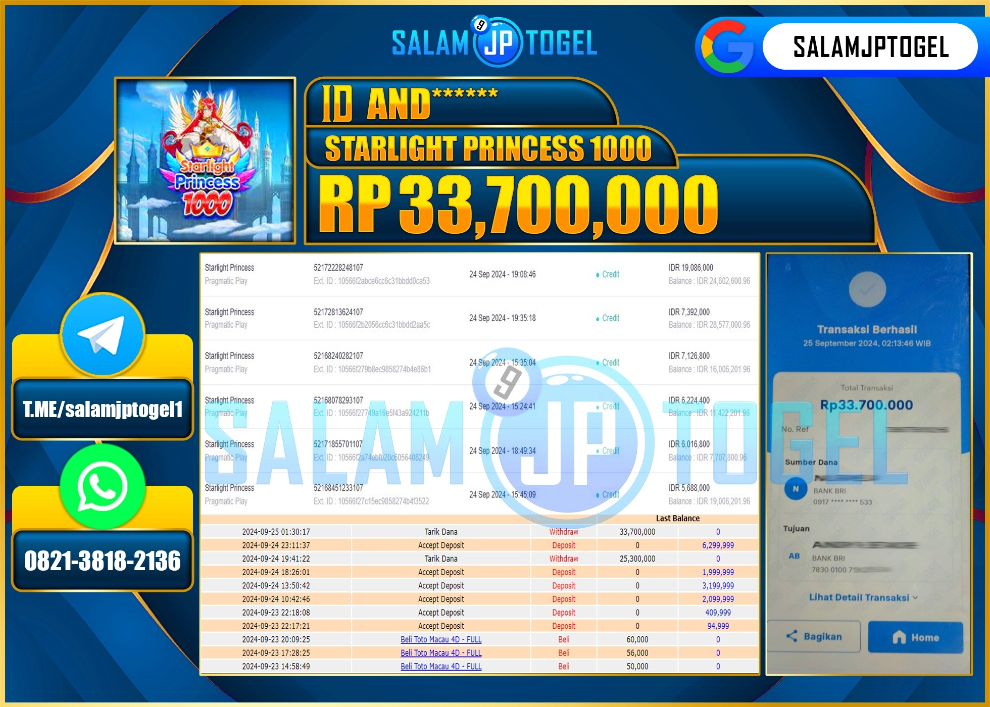 SALAMJPTOGEL MENANG SLOT STARLIGHT PRINCESS 1000 RP. 33,700,000 LUNAS